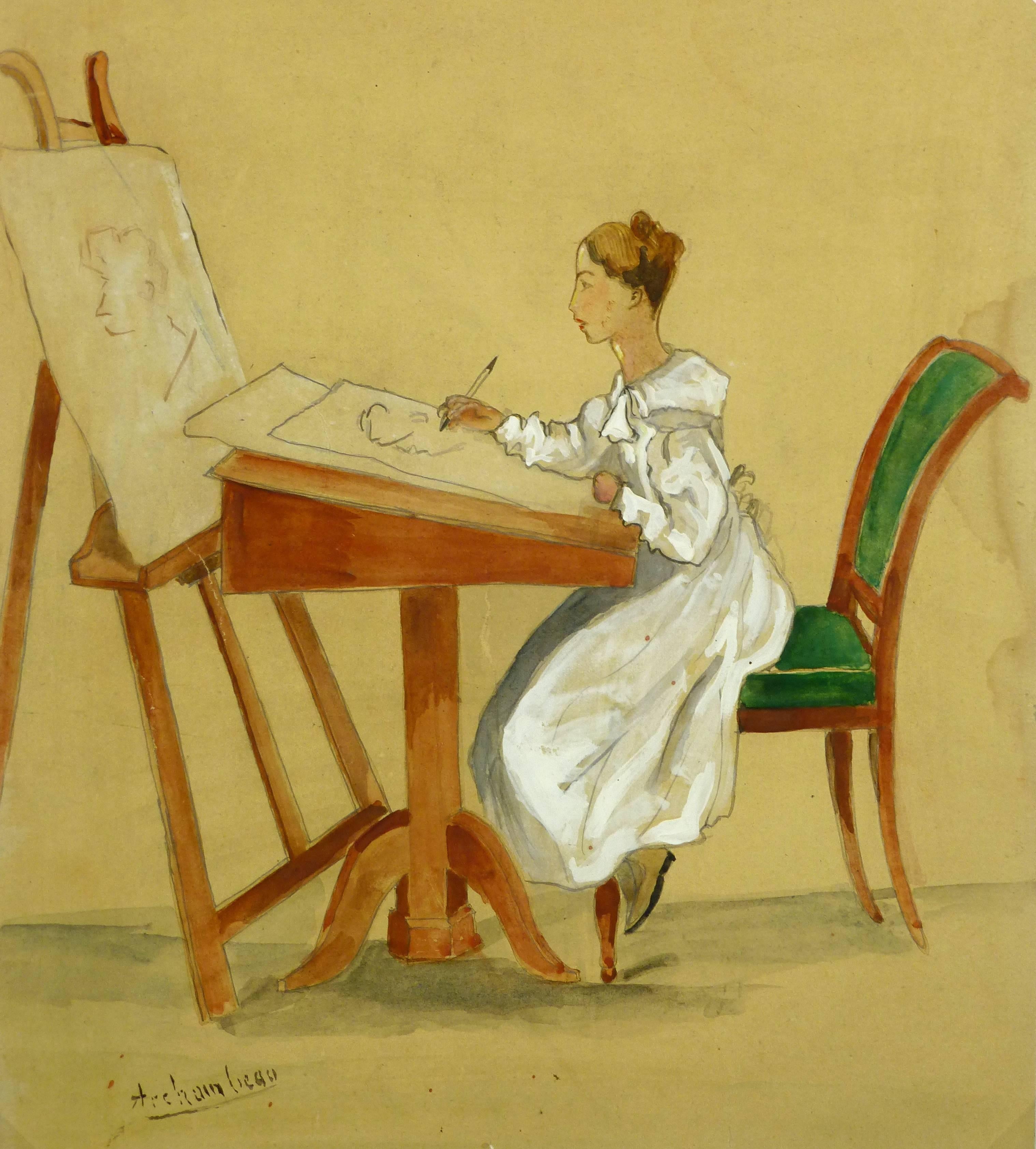 Unknown Figurative Painting - Woman Drawing