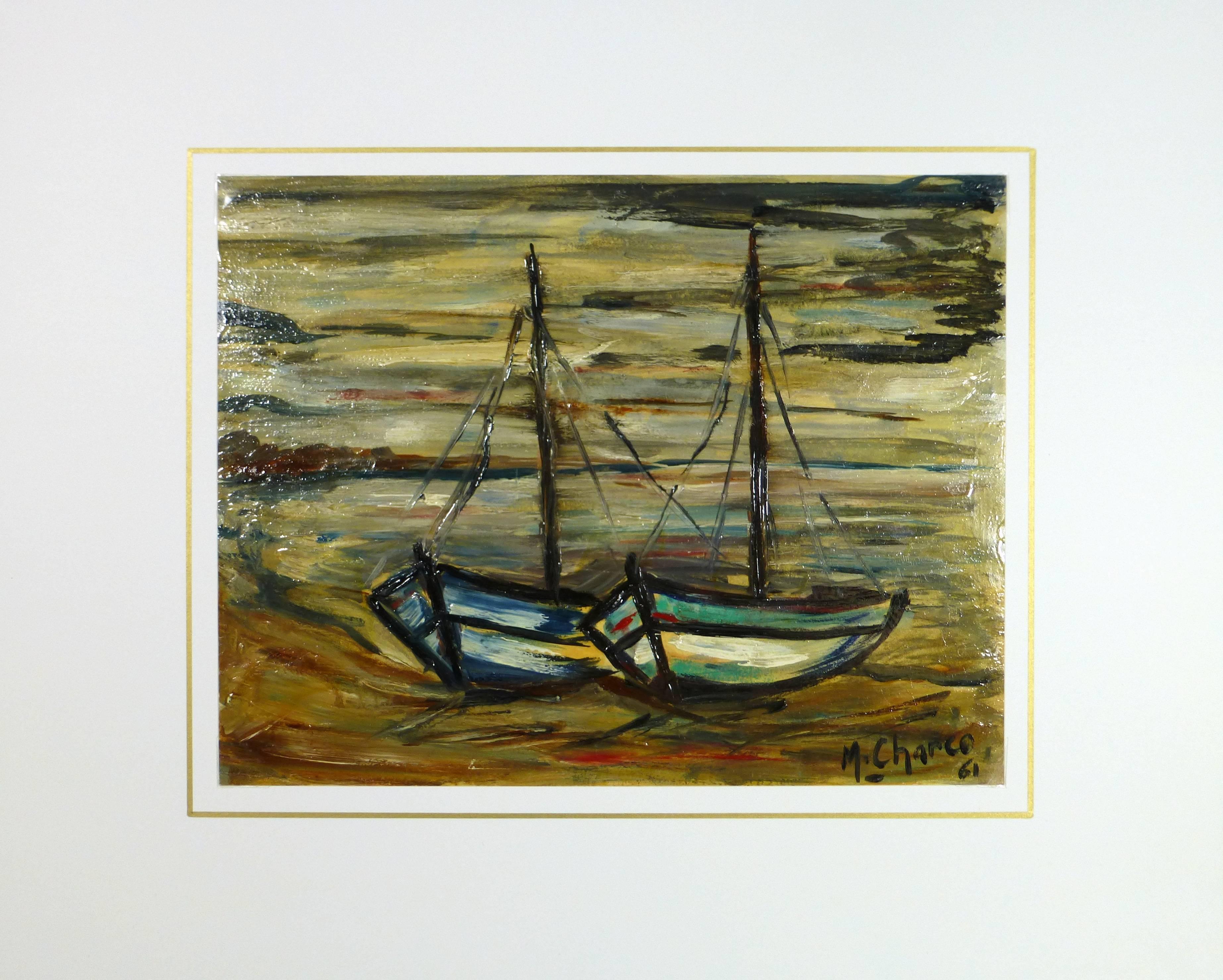 Striking mid-century painting of pair of sailboats by French artist M. Charco, 1961.  Signed by artist lower right.  

Original artwork on paper displayed on a white mat with a gold border. Archival plastic sleeve and Certificate of Authenticity