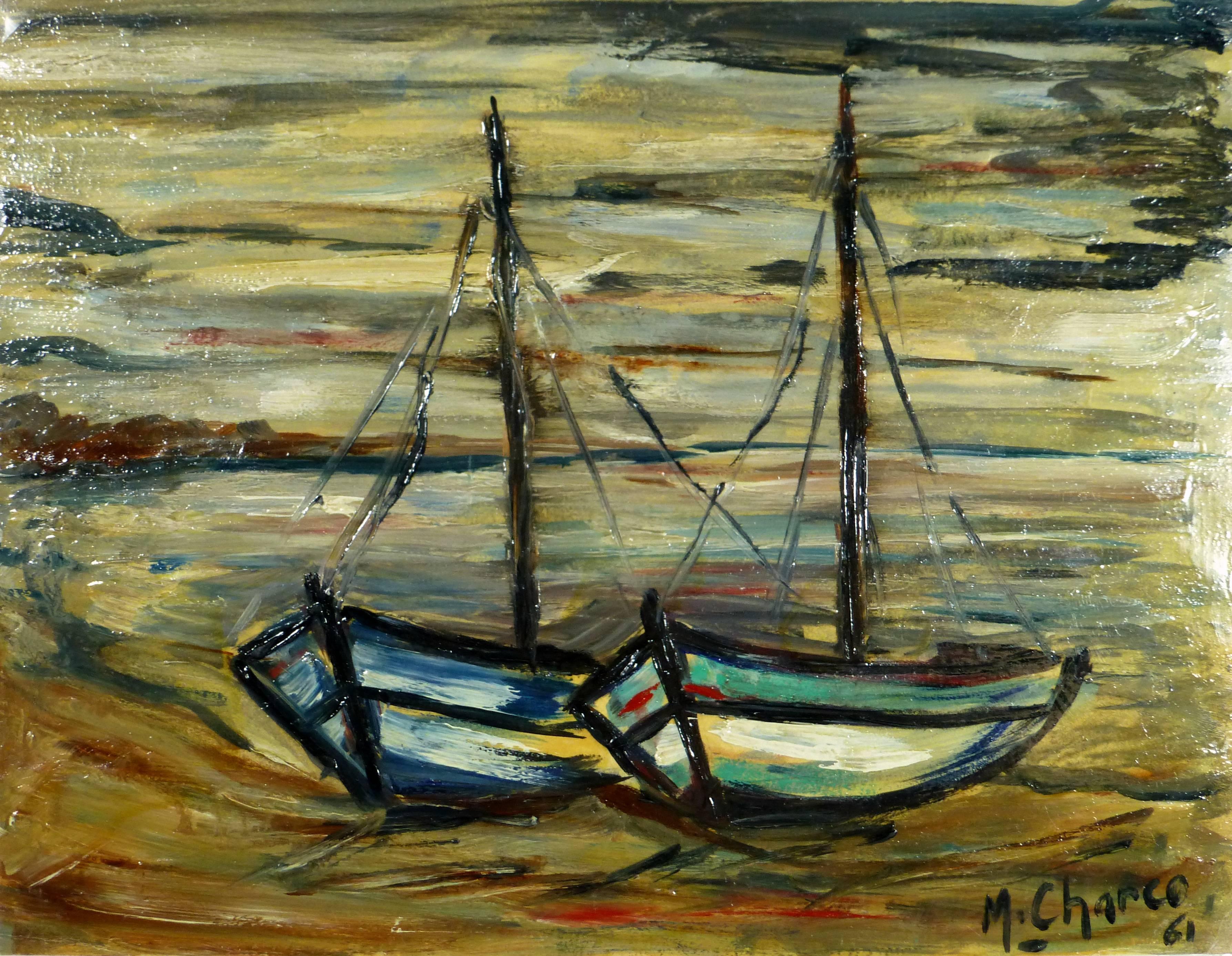 Unknown Figurative Painting - Mid-Century Sailboats Painting