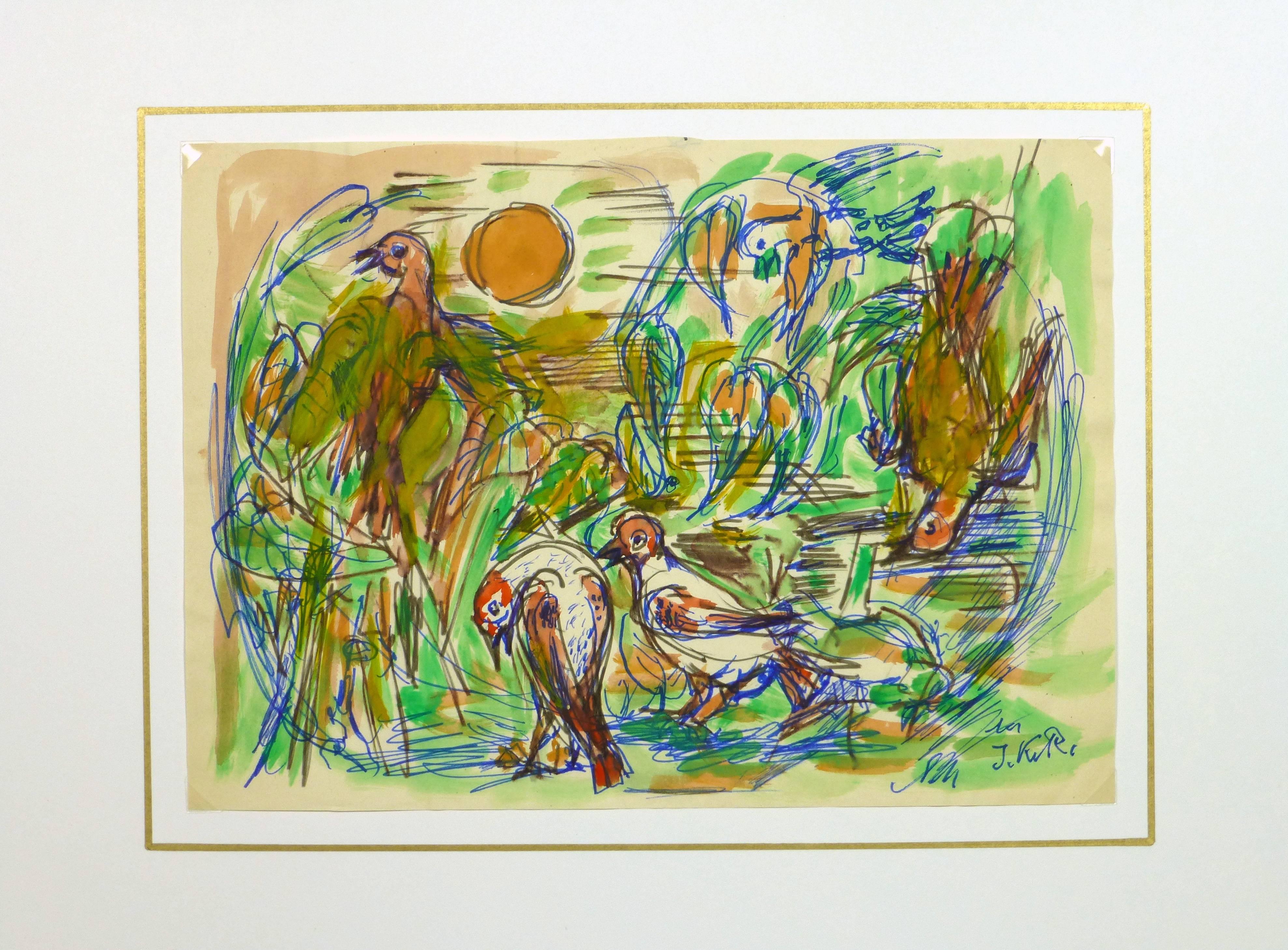Leuchtend farbige Zeichnung von Vögeln auf Papier aus der Mitte des Jahrhunderts von der Künstlerin Irmgard von Reppert, um 1960, signiert unten rechts.

Originalkunstwerk auf Papier auf einem weißen Passepartout mit Goldrand. Die Matte passt in