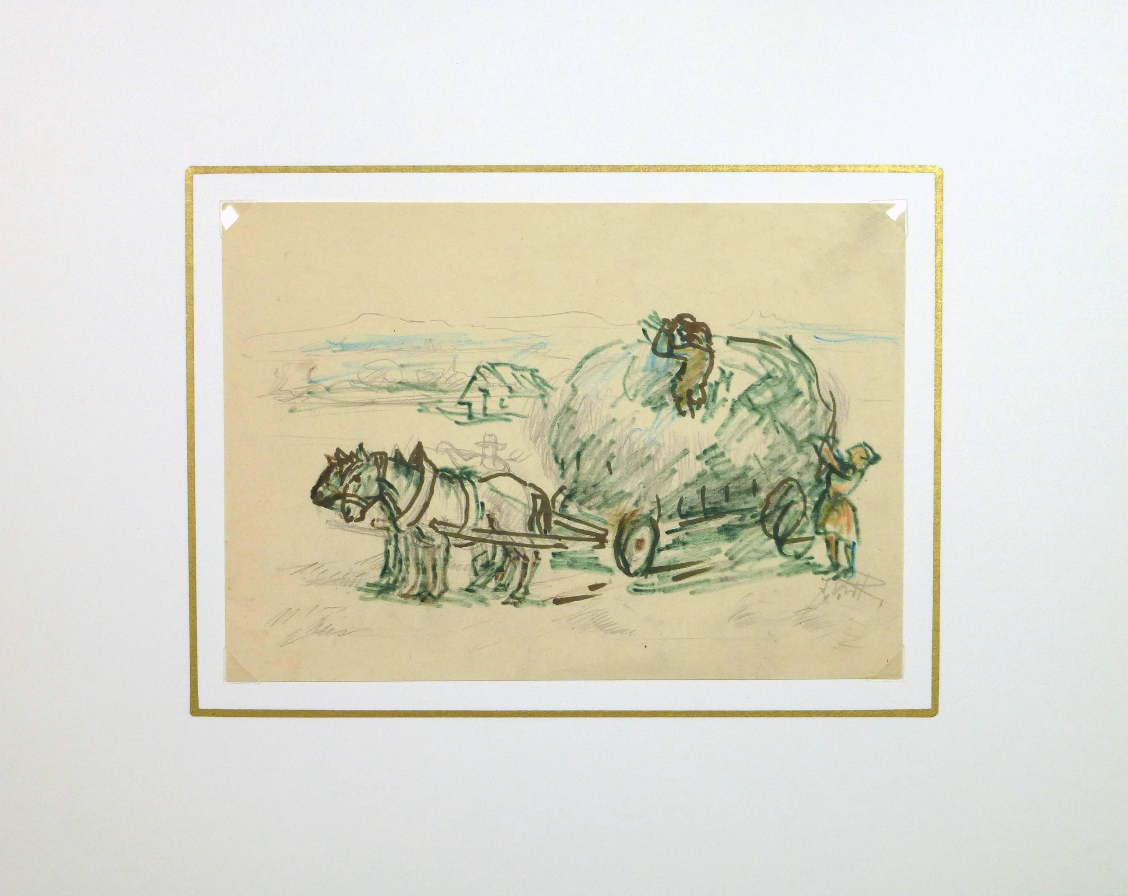 Federzeichnung von Pferden und Heuwagen des Künstlers Irmgarg von Reppert aus der Mitte des Jahrhunderts, um 1960. Signiert unten rechts.

Originalkunstwerk auf Papier auf einem weißen Passepartout mit Goldrand. Die Matte passt in einen Rahmen mit