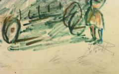 Horses and Hay Wagon Ink Drawing