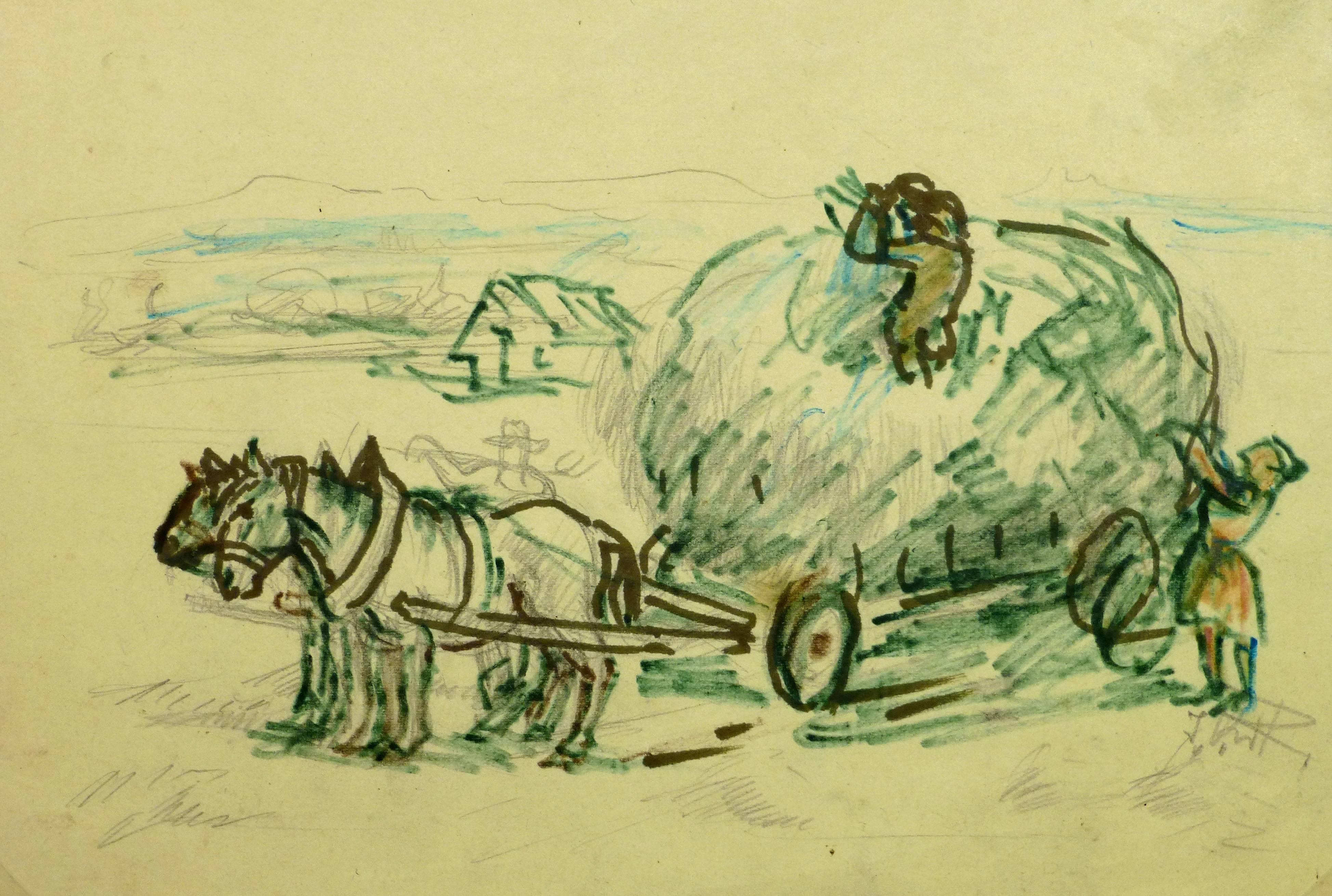 Irmgarg von Reppert Landscape Art - Horses and Hay Wagon Ink Drawing