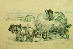Horses and Hay Wagon Ink Drawing