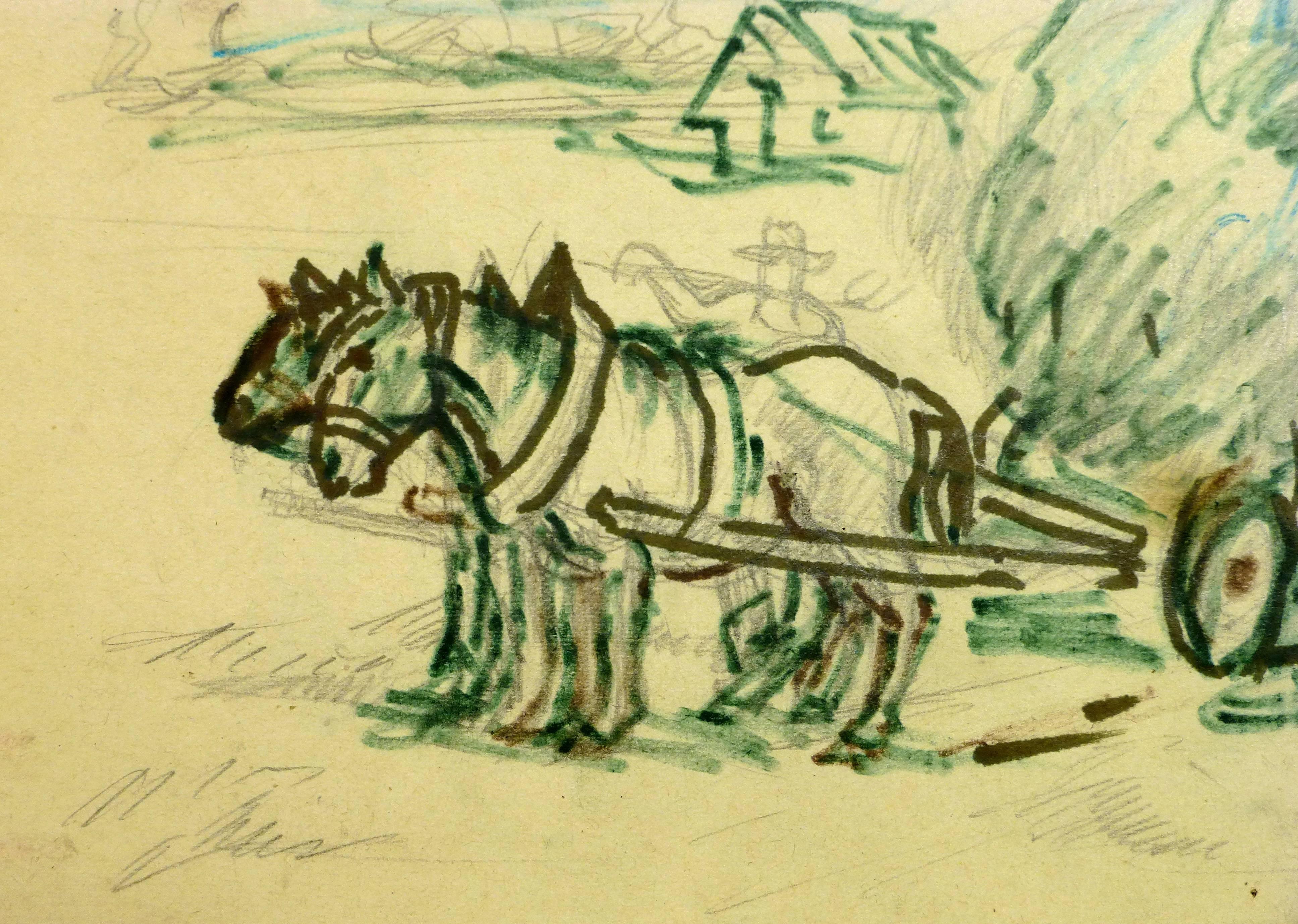 Pferde und Hay Wagon-Tinte Zeichnung (Beige), Landscape Art, von Irmgarg von Reppert