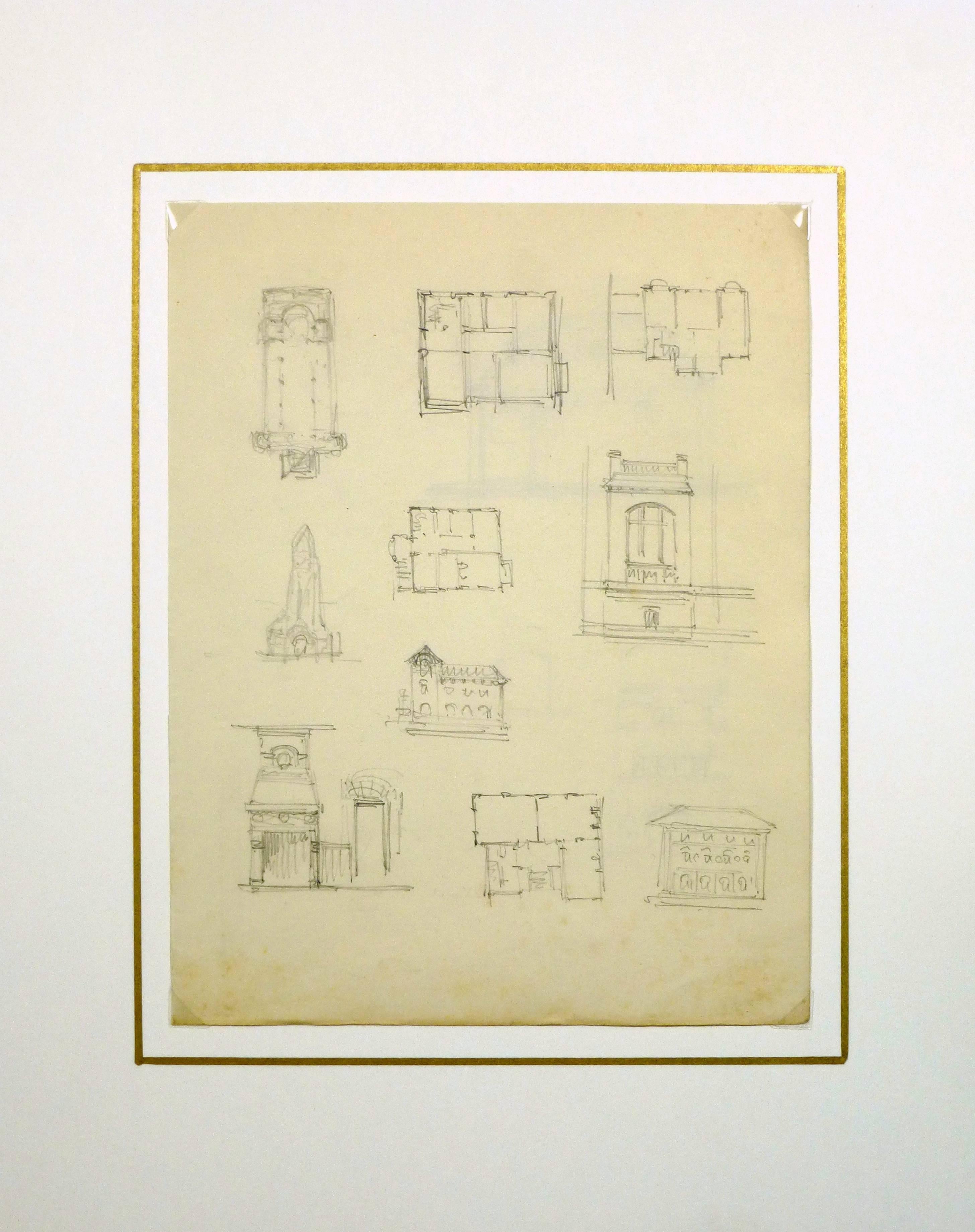 Delightful French pencil sketches of buildings and floor plans, circa 1910. 

Original artwork on paper displayed on a white mat with a gold border. Mat fits a standard-sized frame. Archival plastic sleeve and Certificate of Authenticity included.