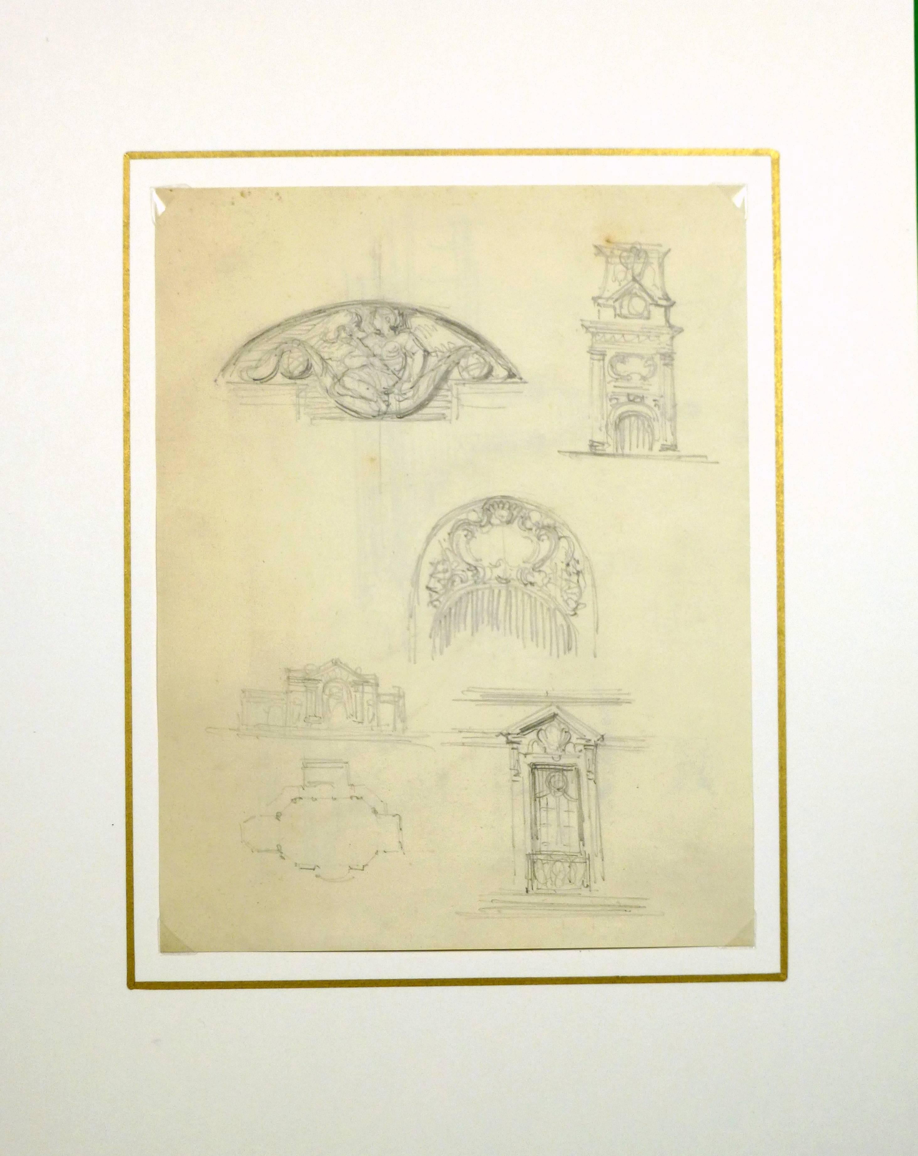Delightful French pencil sketches of architectural elements, circa 1910.

Original artwork on paper displayed on a white mat with a gold border. Mat fits a standard-sized frame. Archival plastic sleeve and Certificate of Authenticity included.