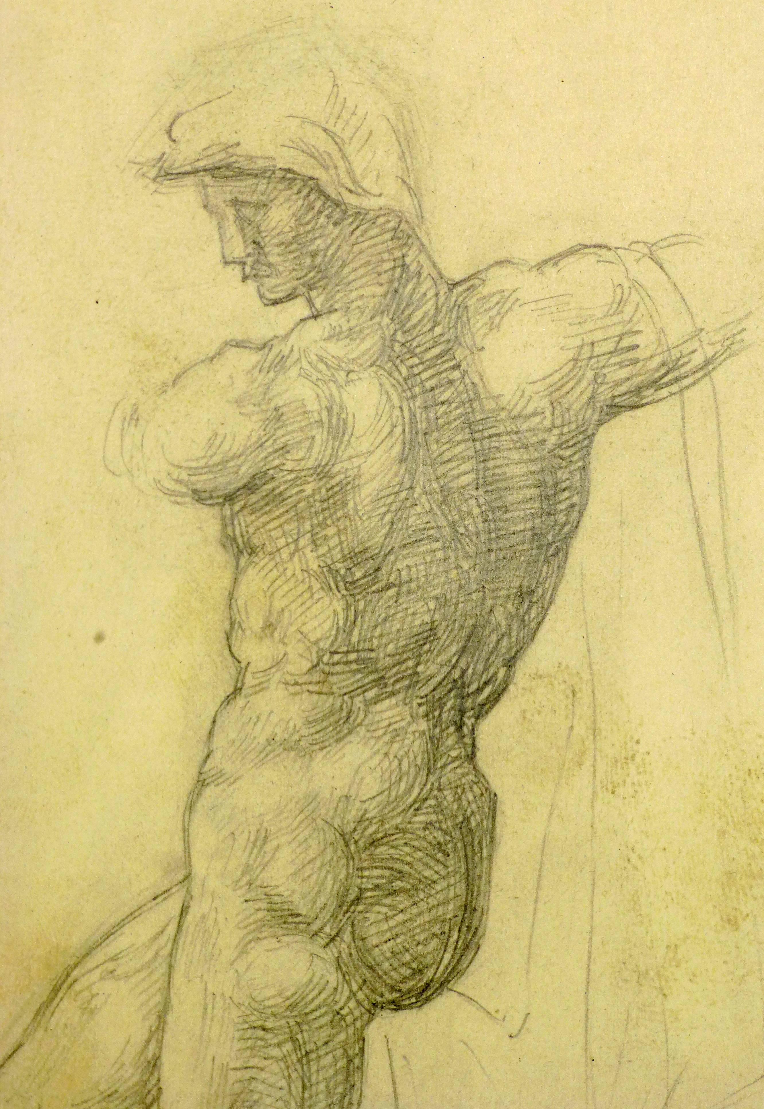 French pencil sketch of nude male figure shown strength and composure, circa 1910.

Original artwork on paper displayed on a white mat with a gold border. Mat fits a standard-sized frame. Archival plastic sleeve and Certificate of Authenticity
