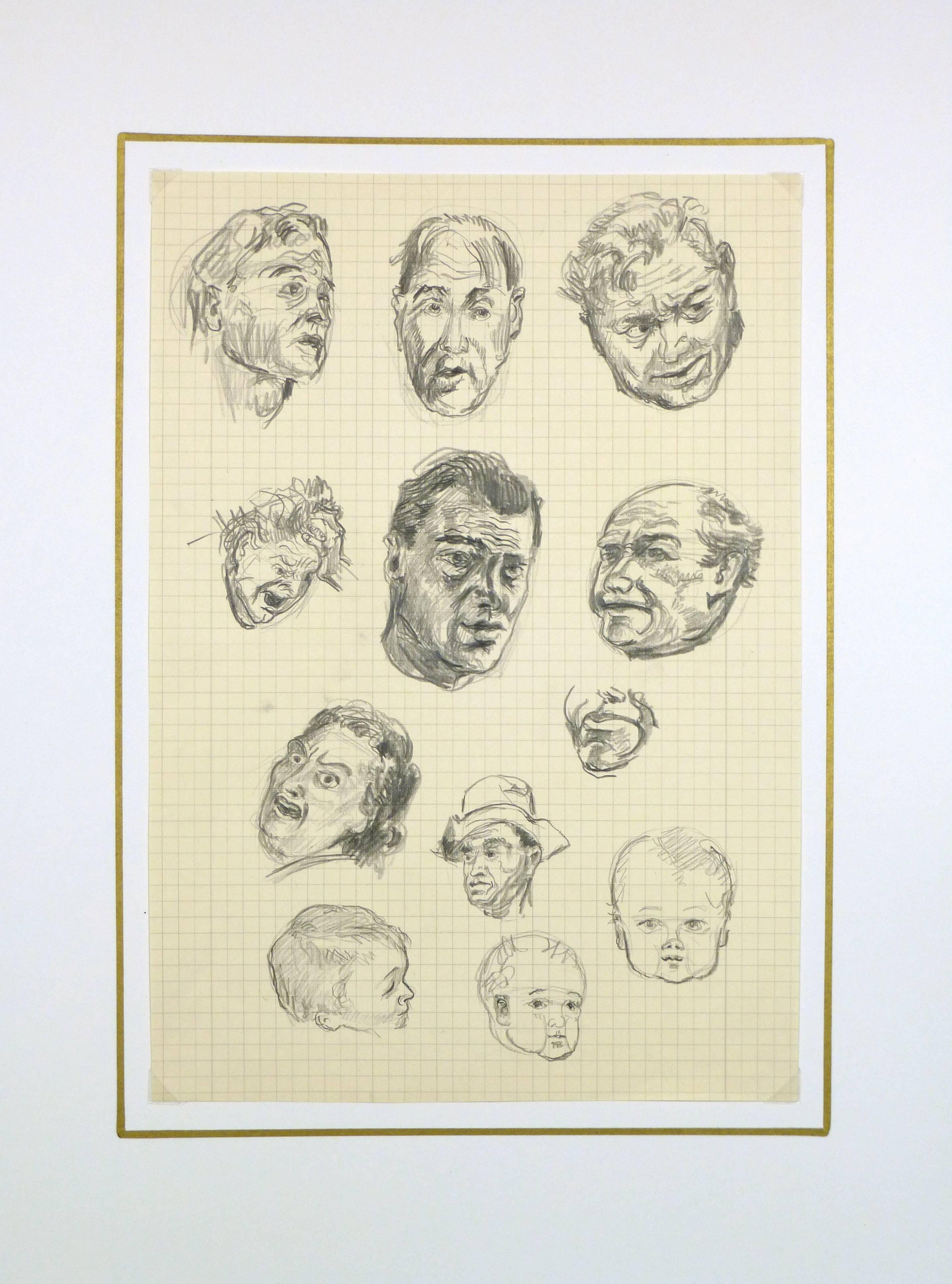 Creative pencil drawing of facial expressions by German artist and illustrator Werner Bell, 1964.

Original artwork on paper displayed on a white mat with a gold border. Mat fits a standard-sized frame. Archival plastic sleeve and Certificate of