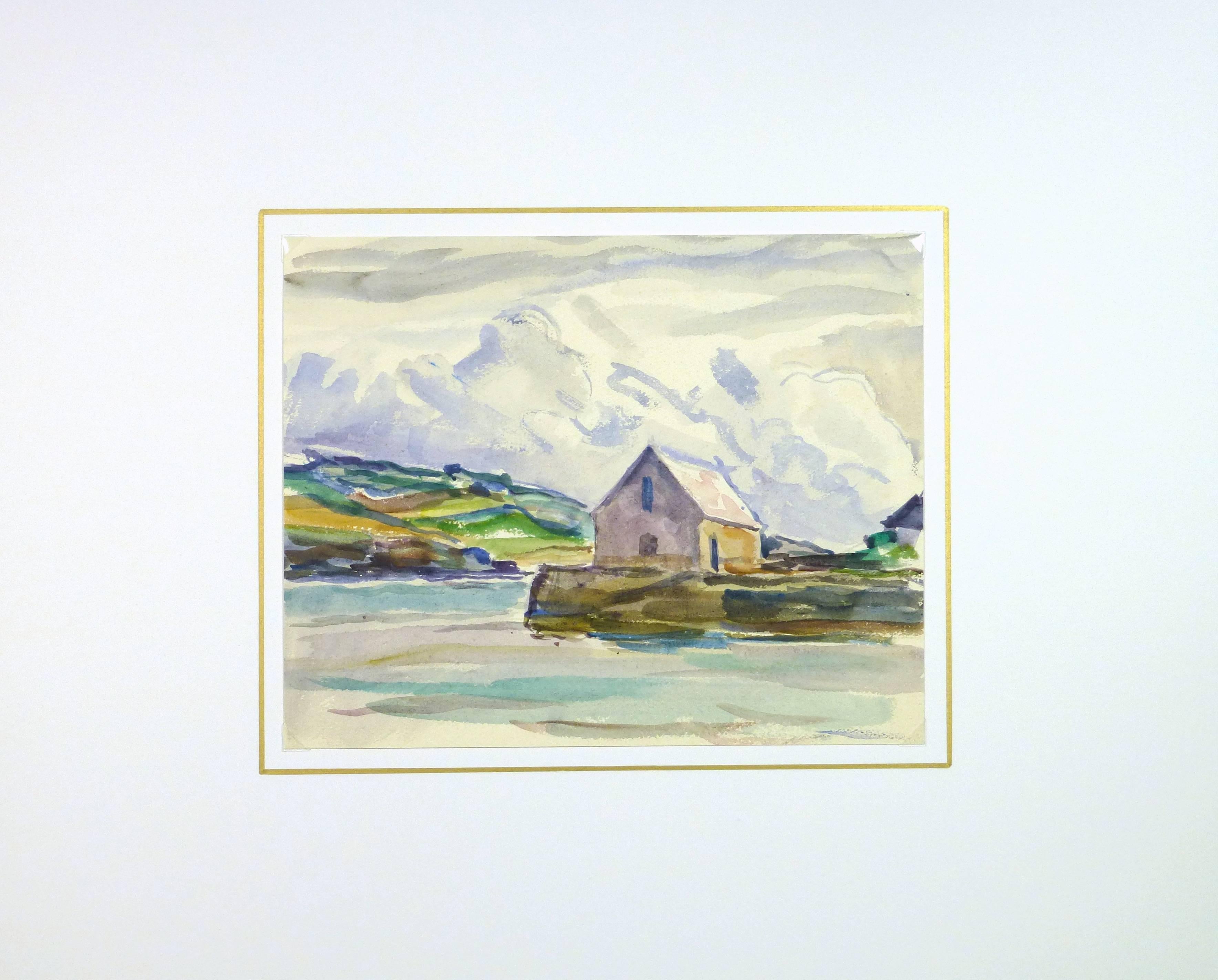 House by the Water - Beige Landscape Art by C. Groux