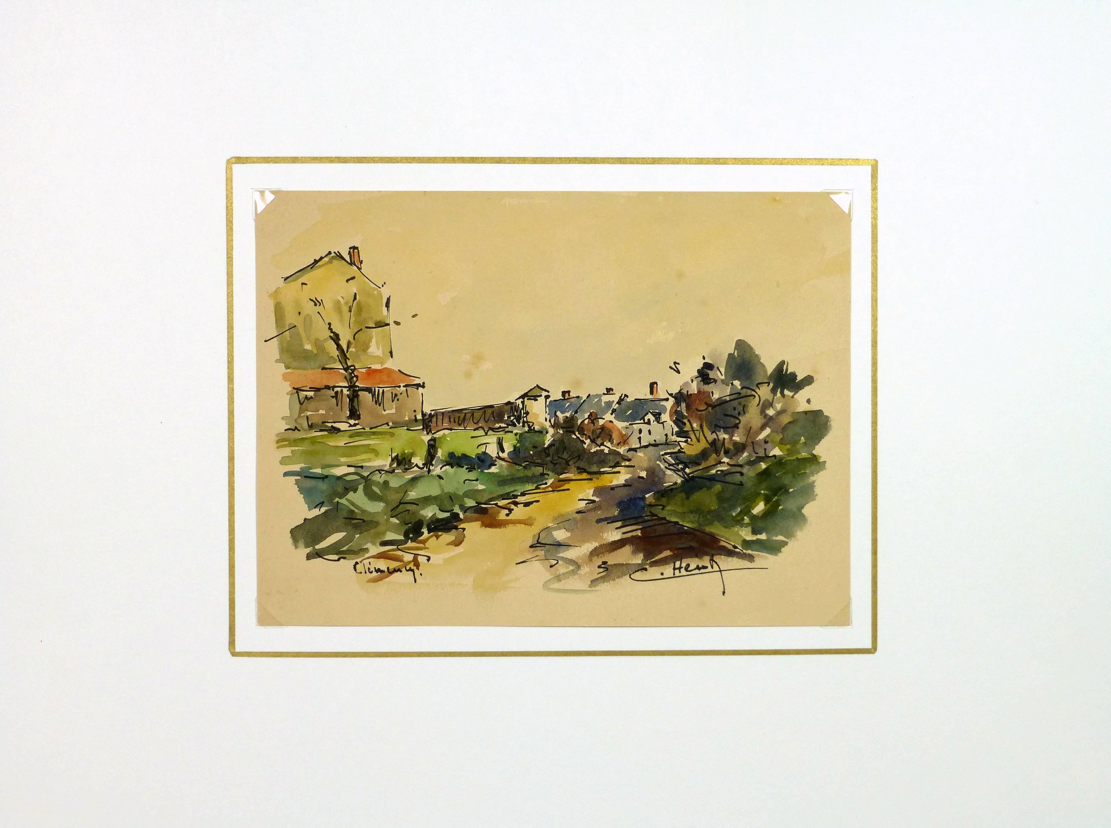 Delightful mid-century watercolor of a country path leading to the village by artist C. Heintz, circa 1950. Signed lower right.

Original artwork on paper displayed on a white mat with a gold border. Mat fits a standard-sized frame. Archival plastic