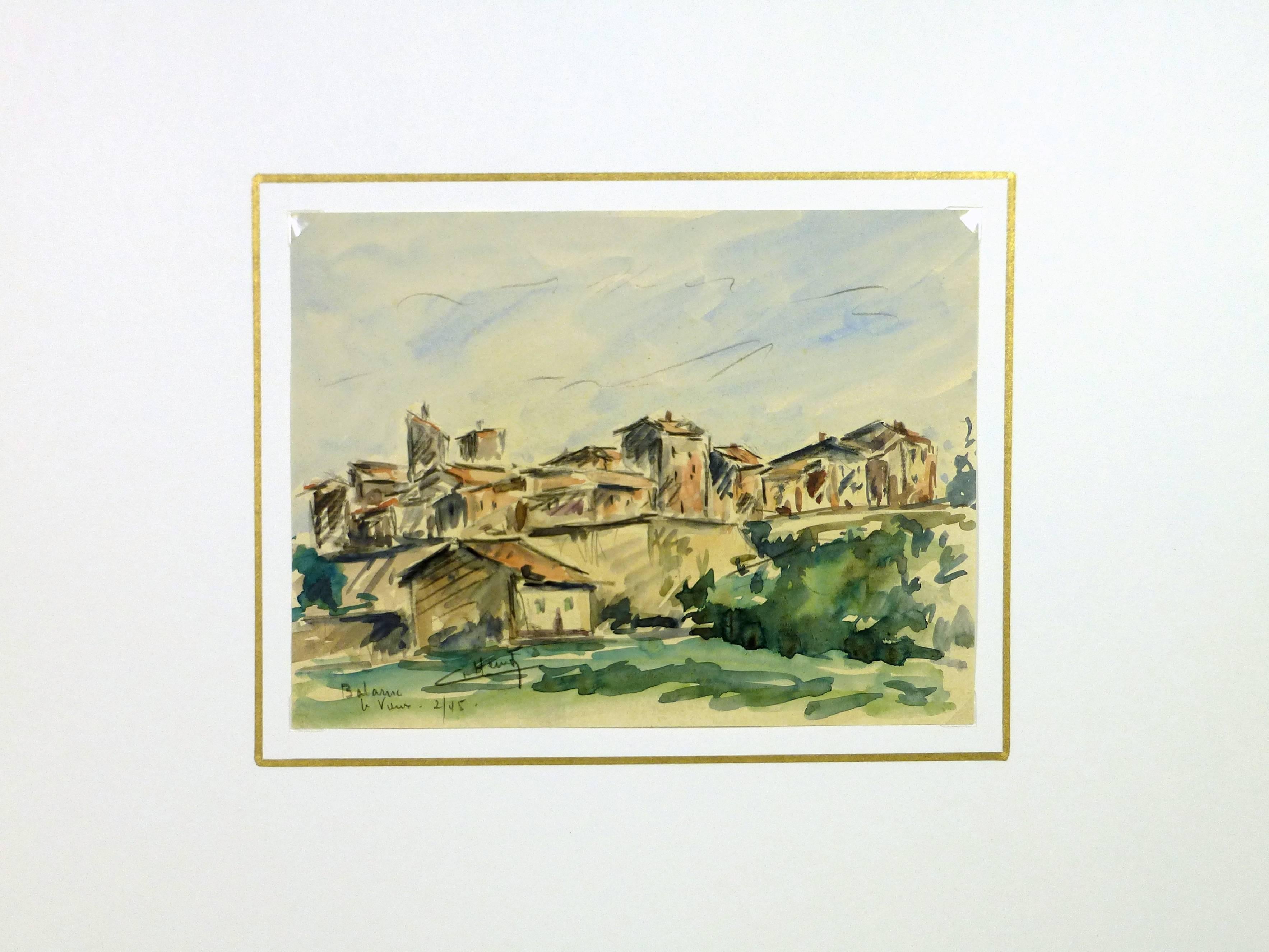 Inviting mid-century watercolor by artist C. Heintz, 1945.  Signed and dated lower left.

Original artwork on paper displayed on a white mat with a gold border. Mat fits a standard-sized frame. Archival plastic sleeve and Certificate of Authenticity