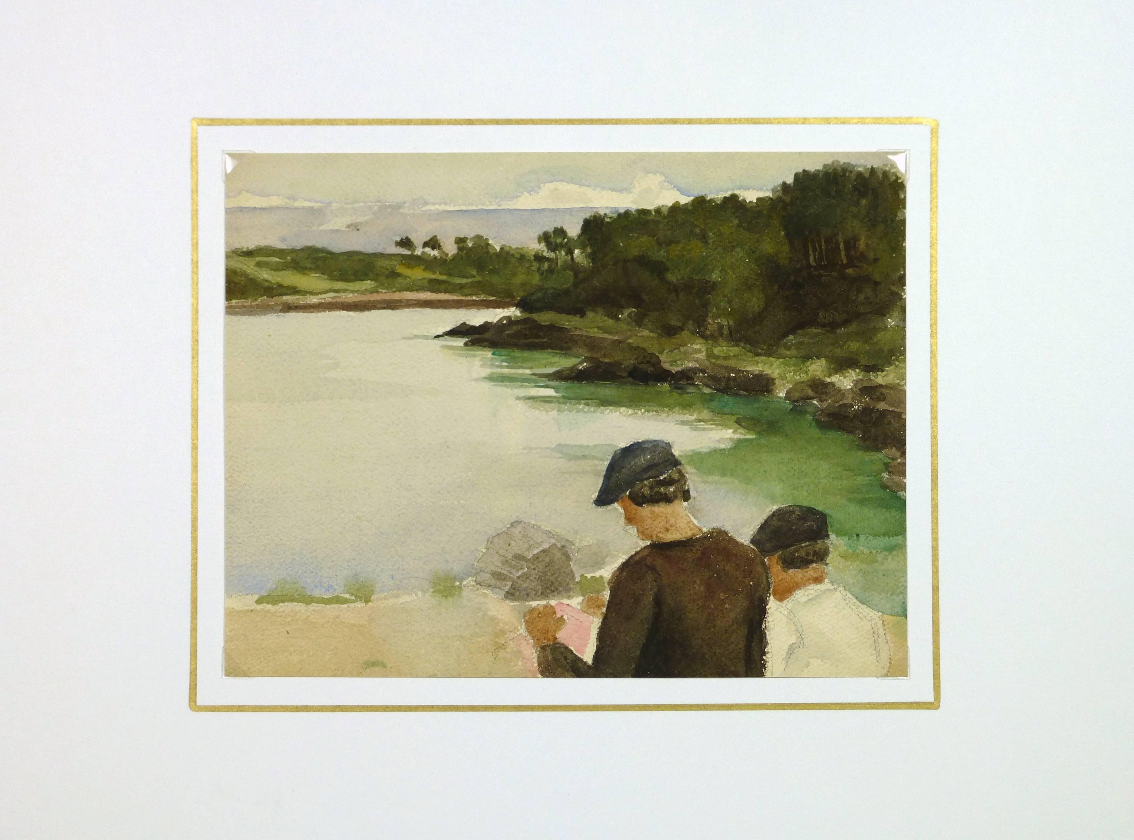 English watercolor of two males by a lake, circa 1930.

Original artwork on paper displayed on a white mat with a gold border. Mat fits a standard-sized frame. Archival plastic sleeve and Certificate of Authenticity included. Artwork, 7.25