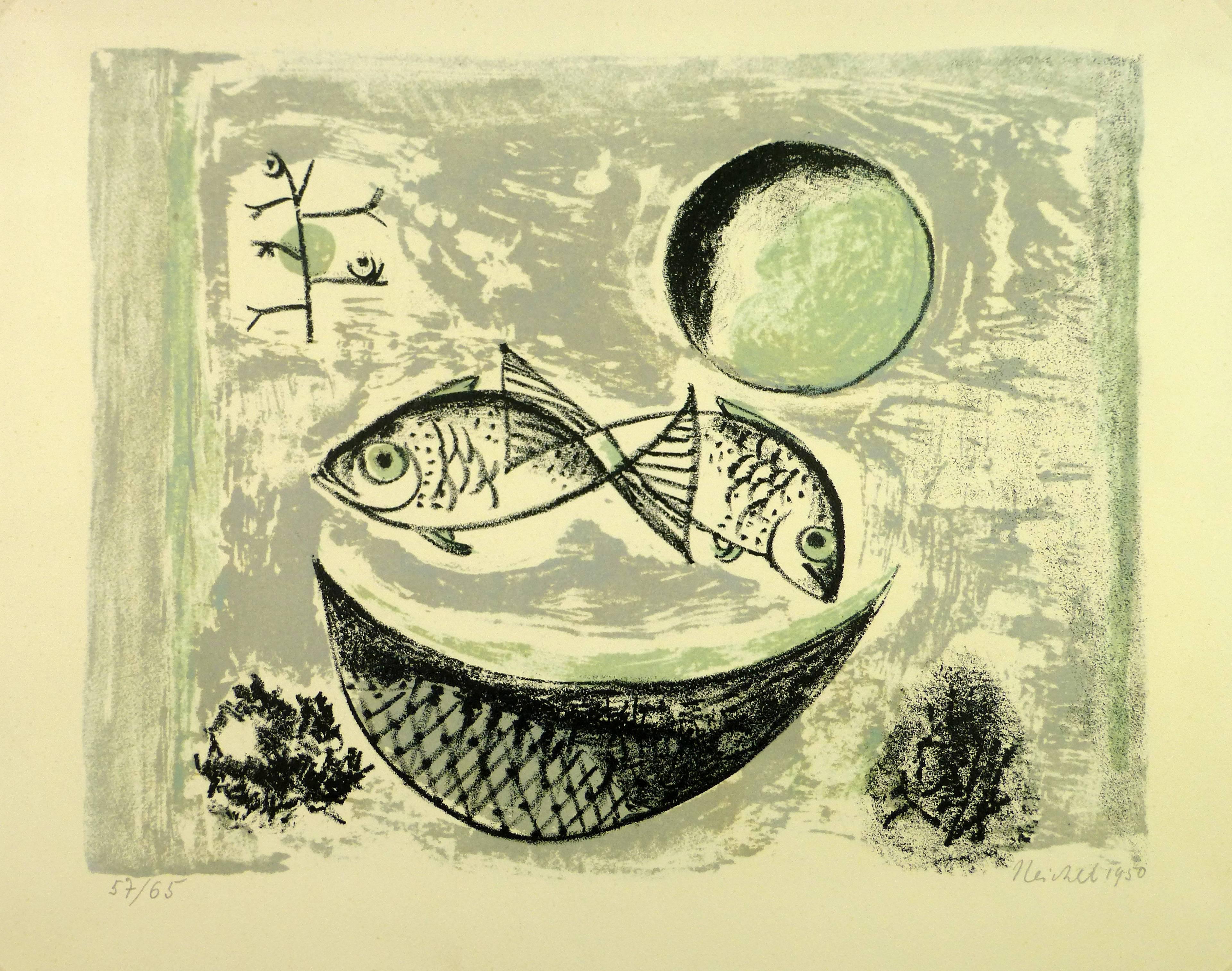 Unknown Abstract Print - Pair of Fishes in Black and Green