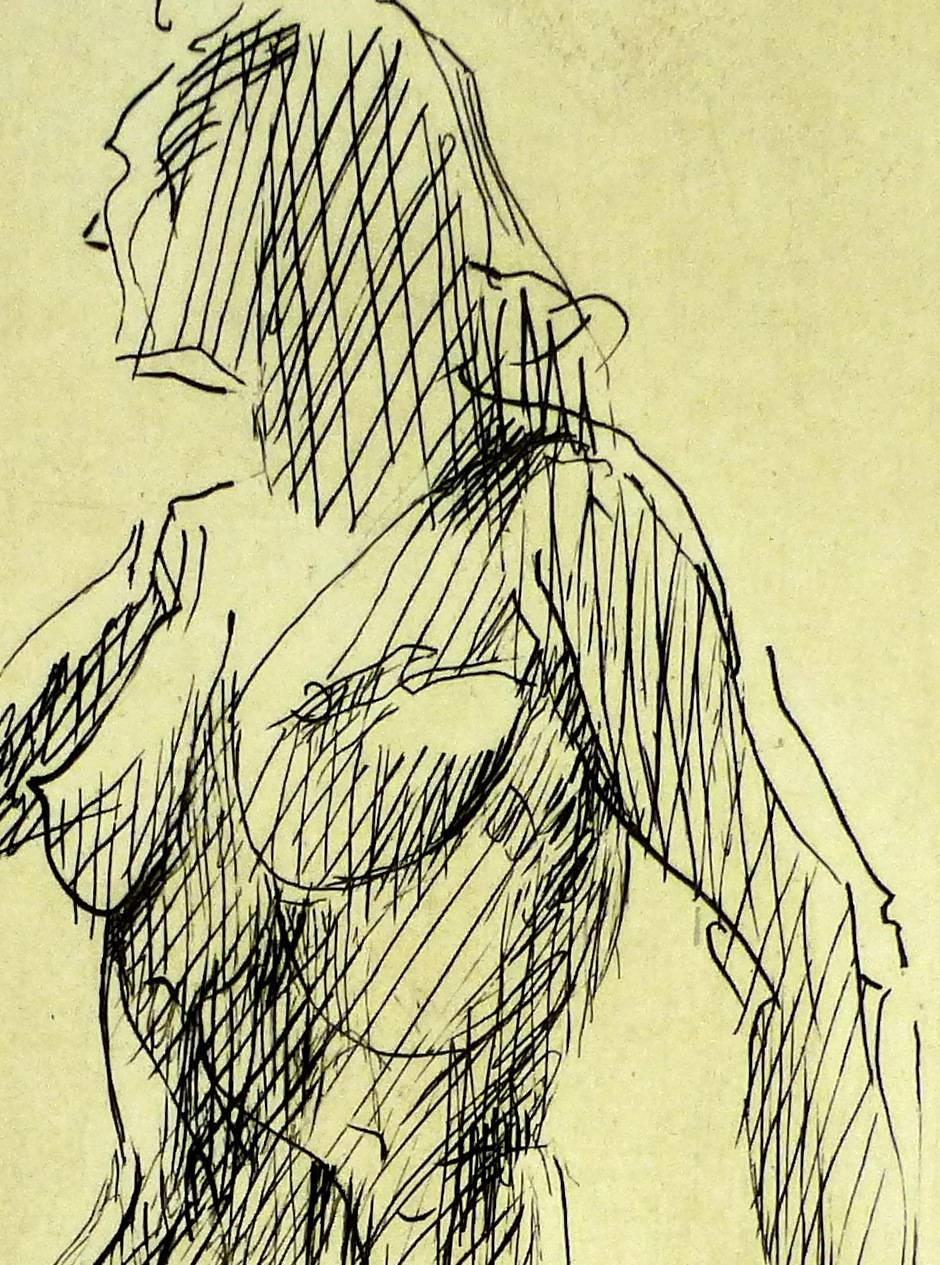 Compelling nude female body etching by artist Francois Villon, circa 1980. 

Original artwork on paper displayed on a white mat with a gold border. Archival plastic sleeve and Certificate of Authenticity included. Artwork, 12.75
