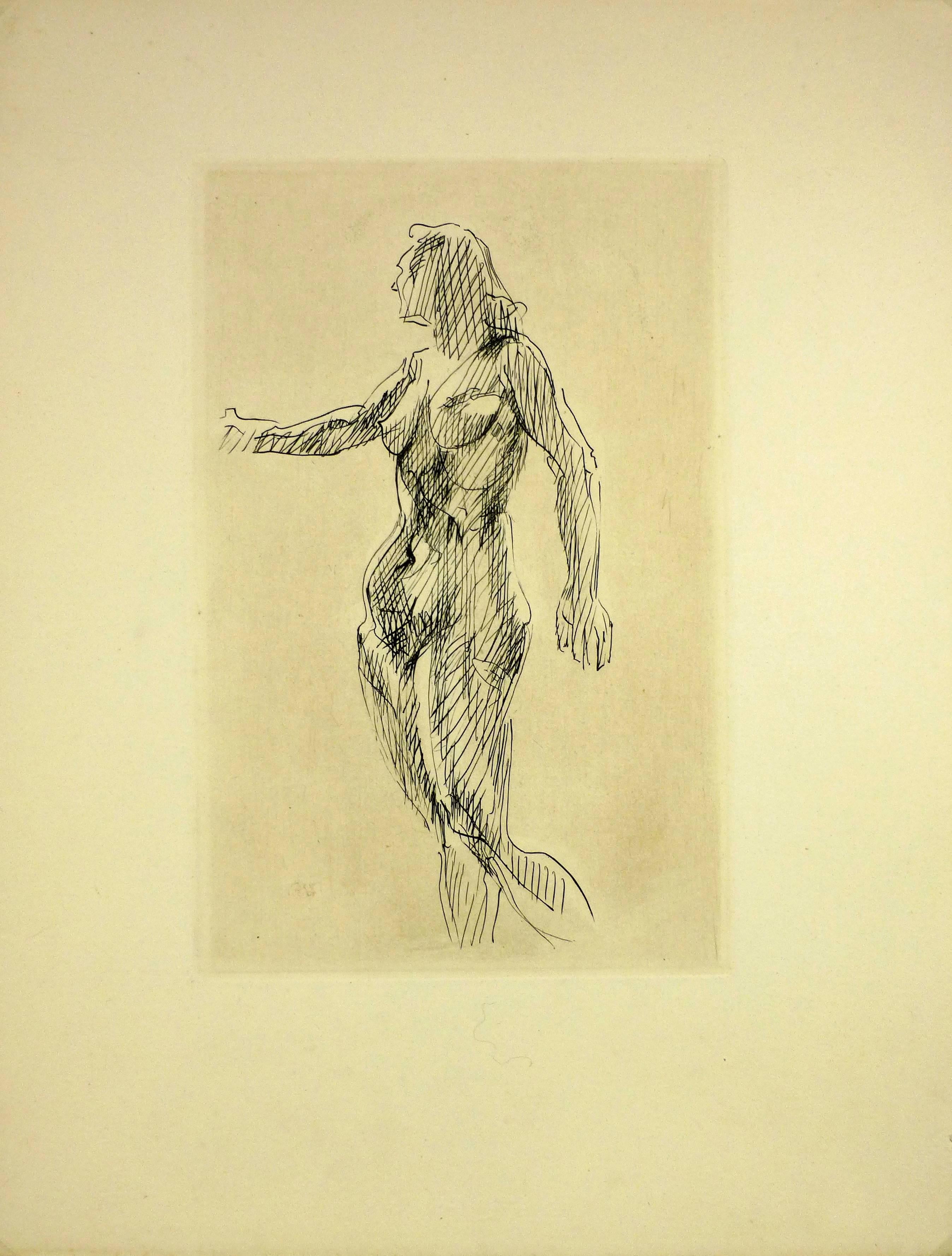 Nudefarbene weibliche Ätzung – Art von François Villon