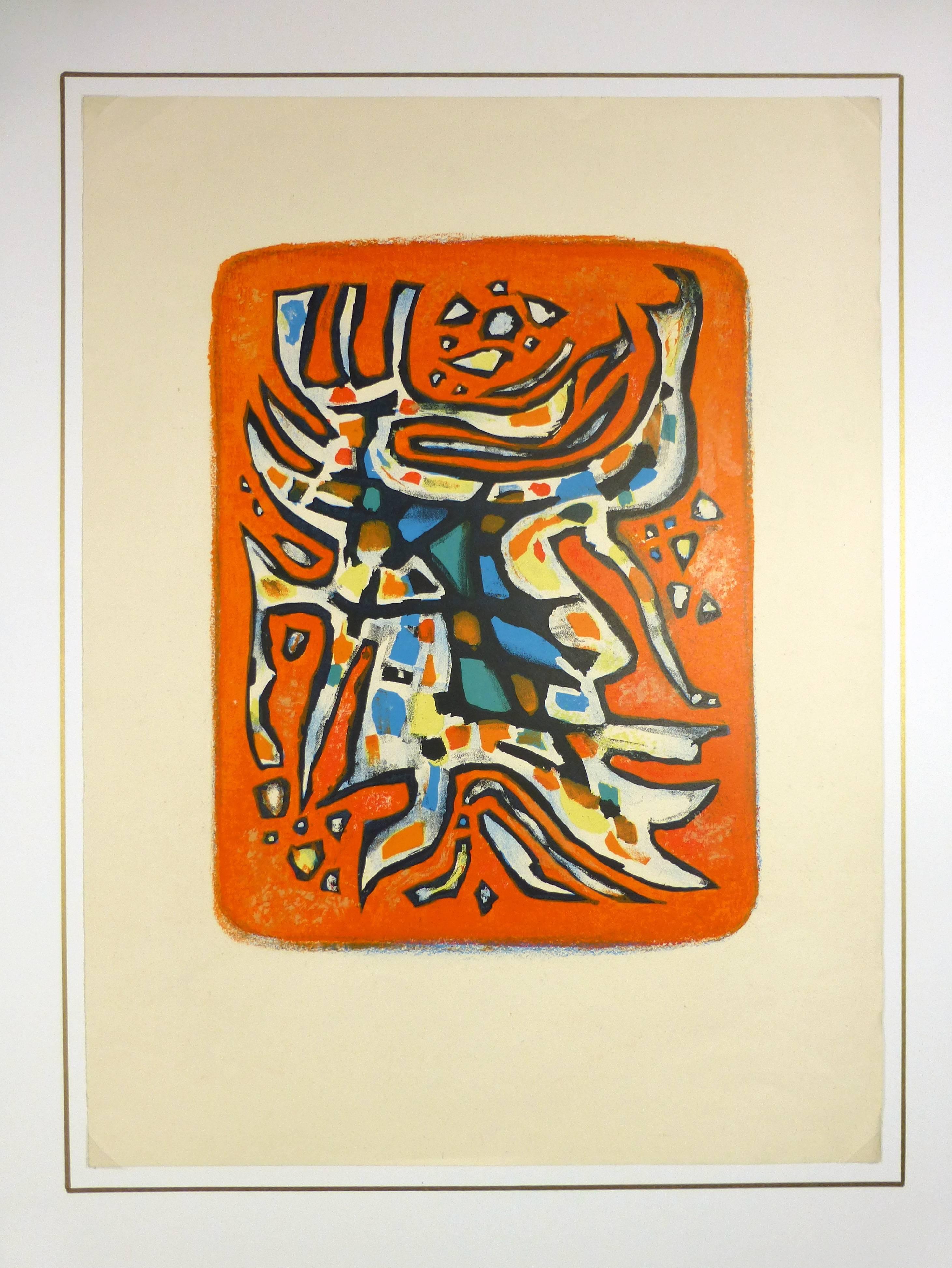 Bright mid-century French abstract lithograph in bold orange tones, circa 1950. 

Original artwork on paper displayed on a white mat with a gold border. Archival plastic sleeve and Certificate of Authenticity included. Artwork, 19.75