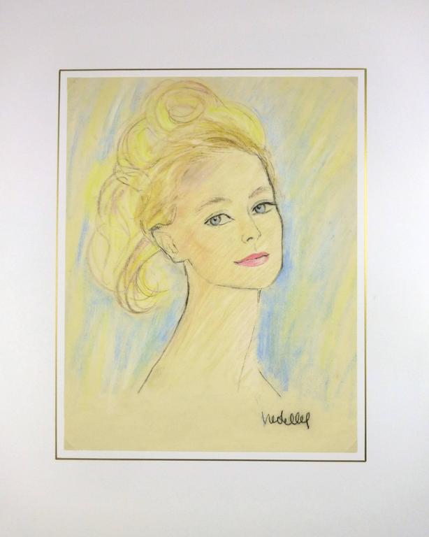 Mid-century French oil pastel of blonde in pleasing tones of blues and yellows, circa 1950. 

Original artwork on paper displayed on a white mat with a gold border. Archival plastic sleeve and Certificate of Authenticity included. Artwork, 20.25