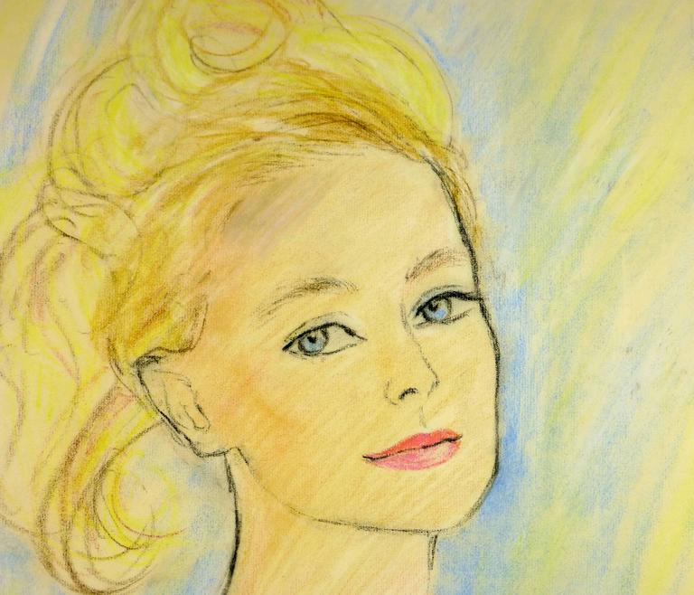 French Woman Portrait in Oil Pastel - Yellow Portrait Painting by Unknown