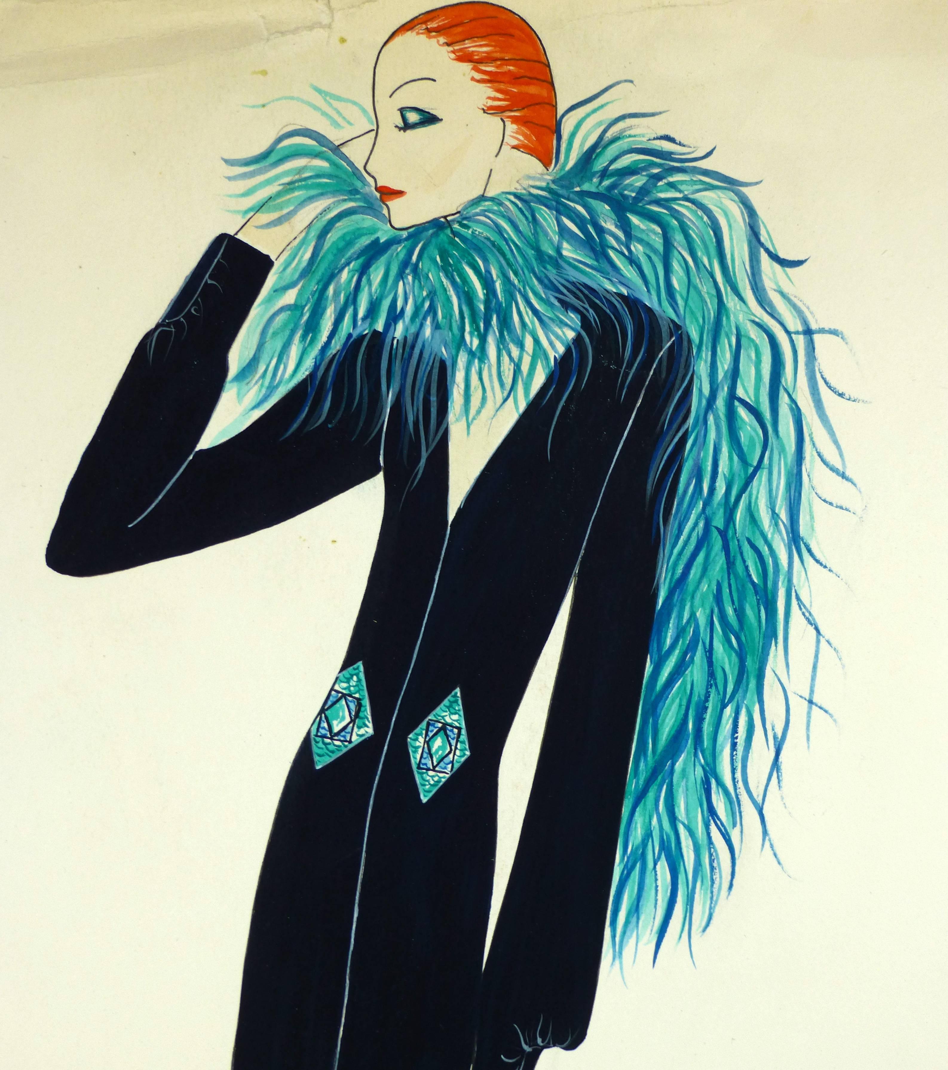 Gouache painting of elegant woman with bright blue boa, 1990s.  Signed lower right.

Original artwork on paper displayed on a white mat with a gold border. Archival plastic sleeve and Certificate of Authenticity included. Artwork, 25