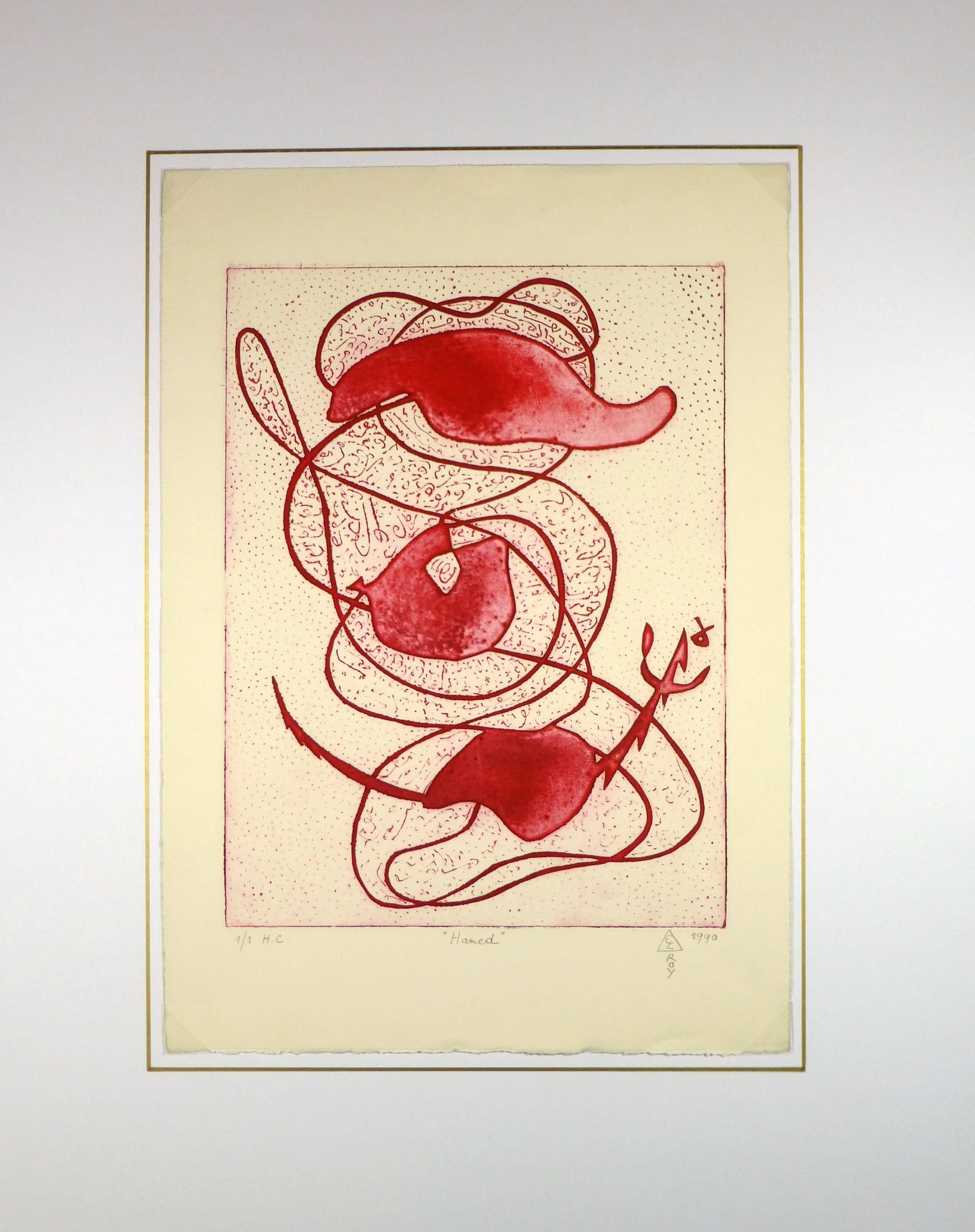 Red Abstract Aquatint - White Abstract Drawing by Lilly McElroy