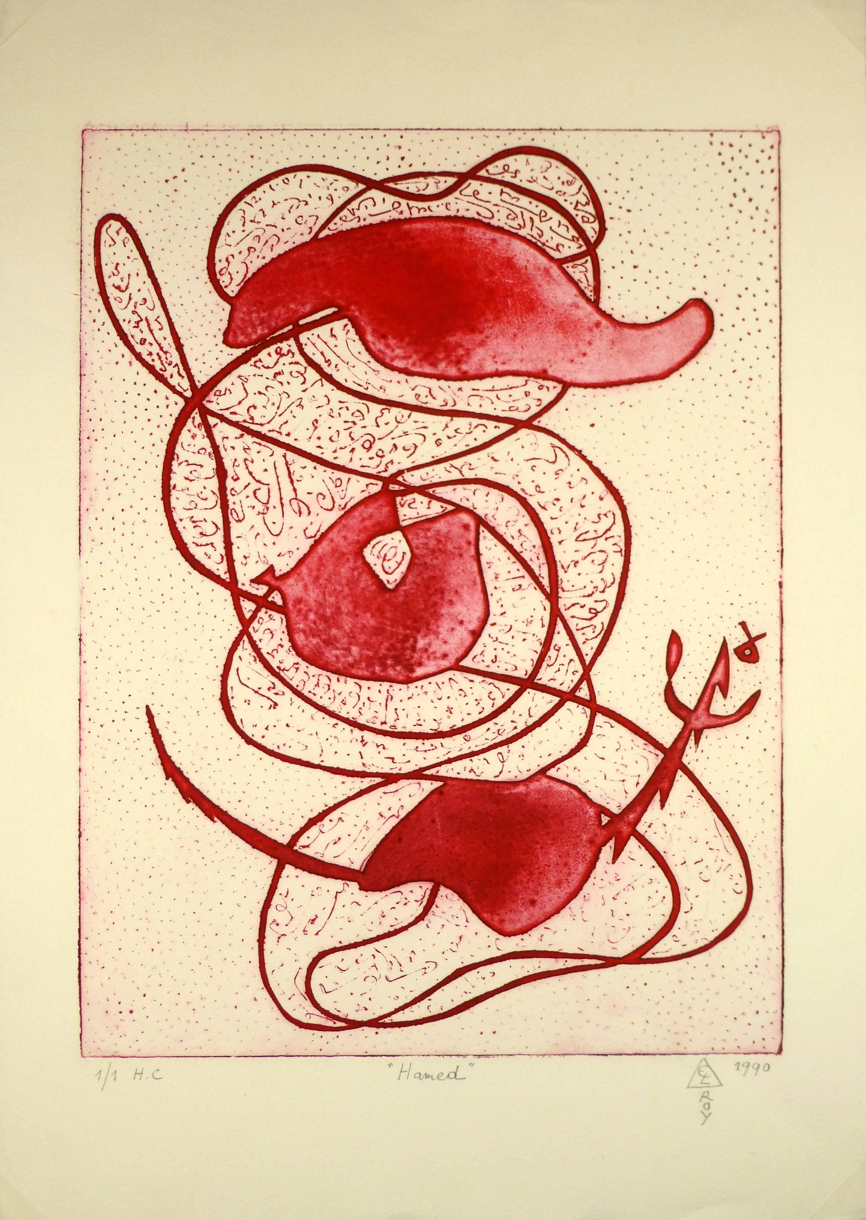 Lilly McElroy Abstract Drawing - Red Abstract Aquatint