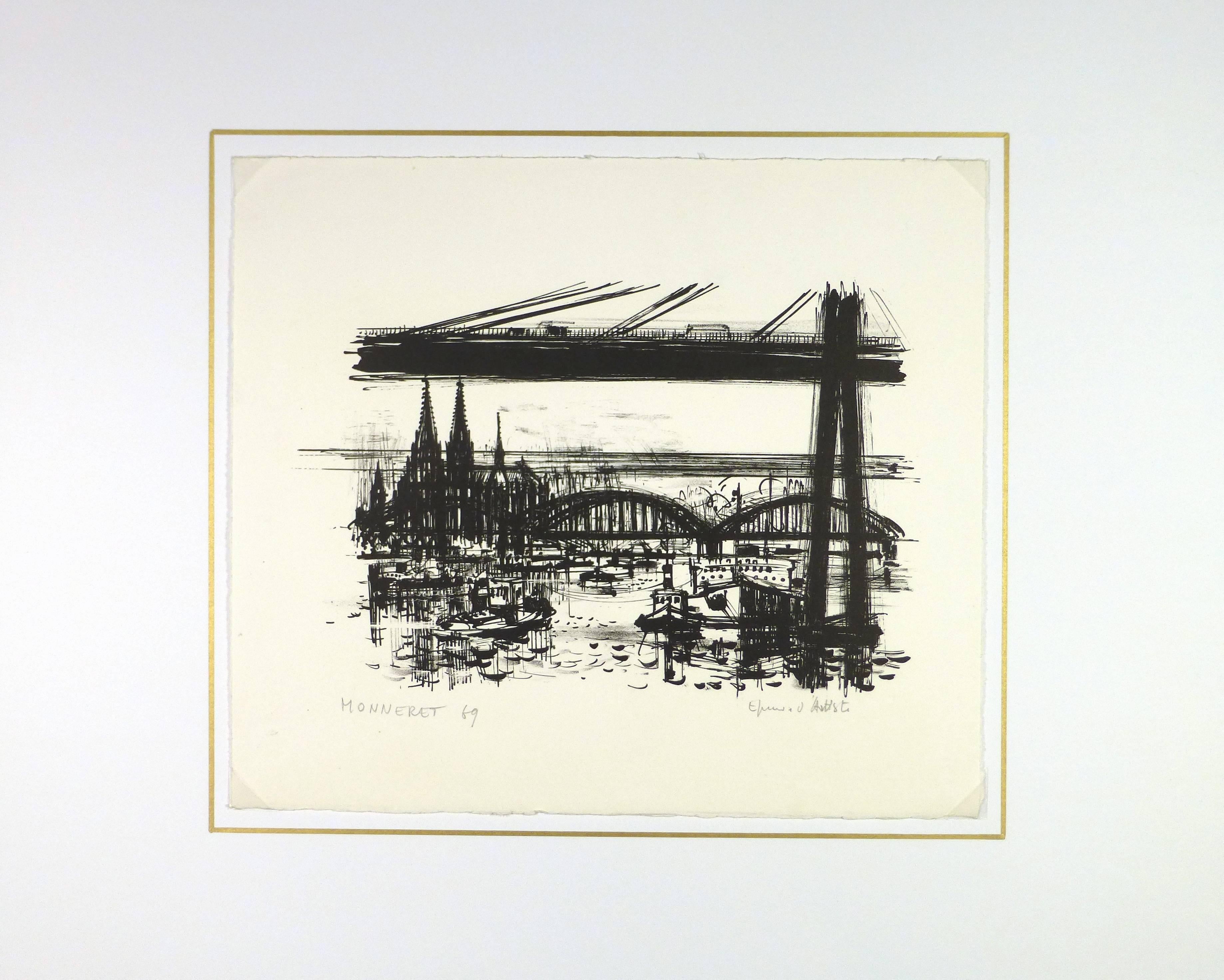 Litografia di scena urbana di metà secolo dell'artista francese Jean Monneret, 1969. Firmato e datato in basso a sinistra.  

Opera d'arte originale su carta esposta su un tappetino bianco con bordo dorato. Custodia in plastica per archivi e
