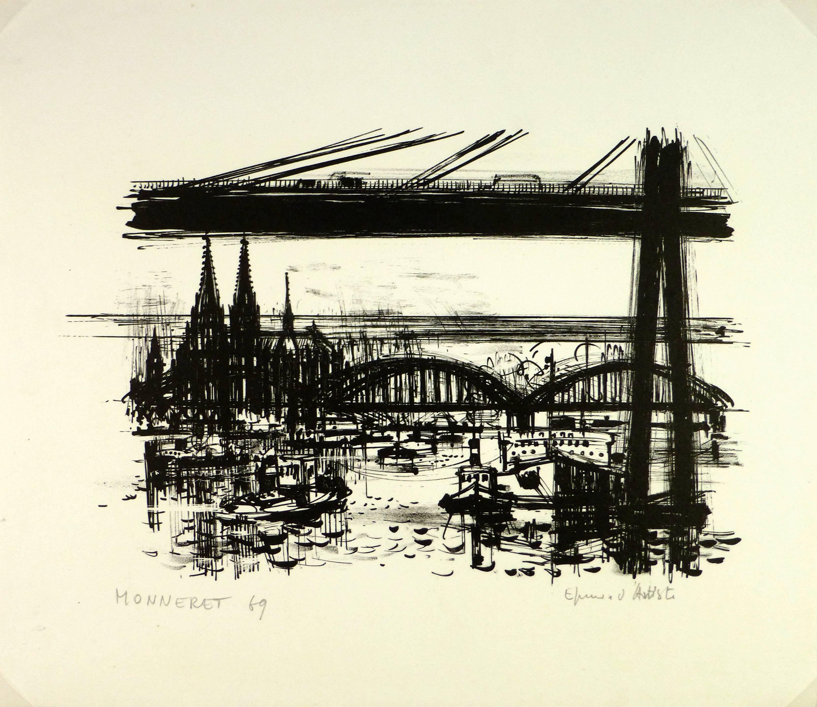 Landscape Art di Jean Monneret - Corso d'acqua cittadino sotto il ponte
