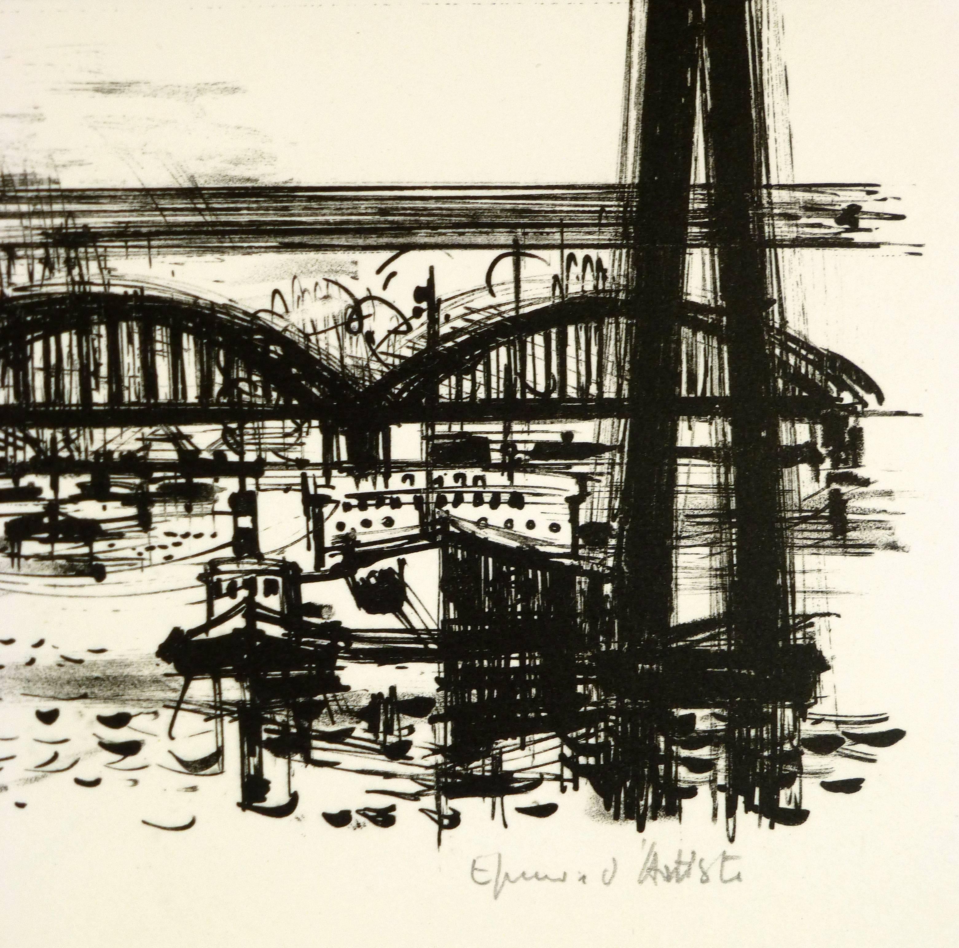 Corso d'acqua cittadino sotto il ponte - Landscape Art Beige di Jean Monneret