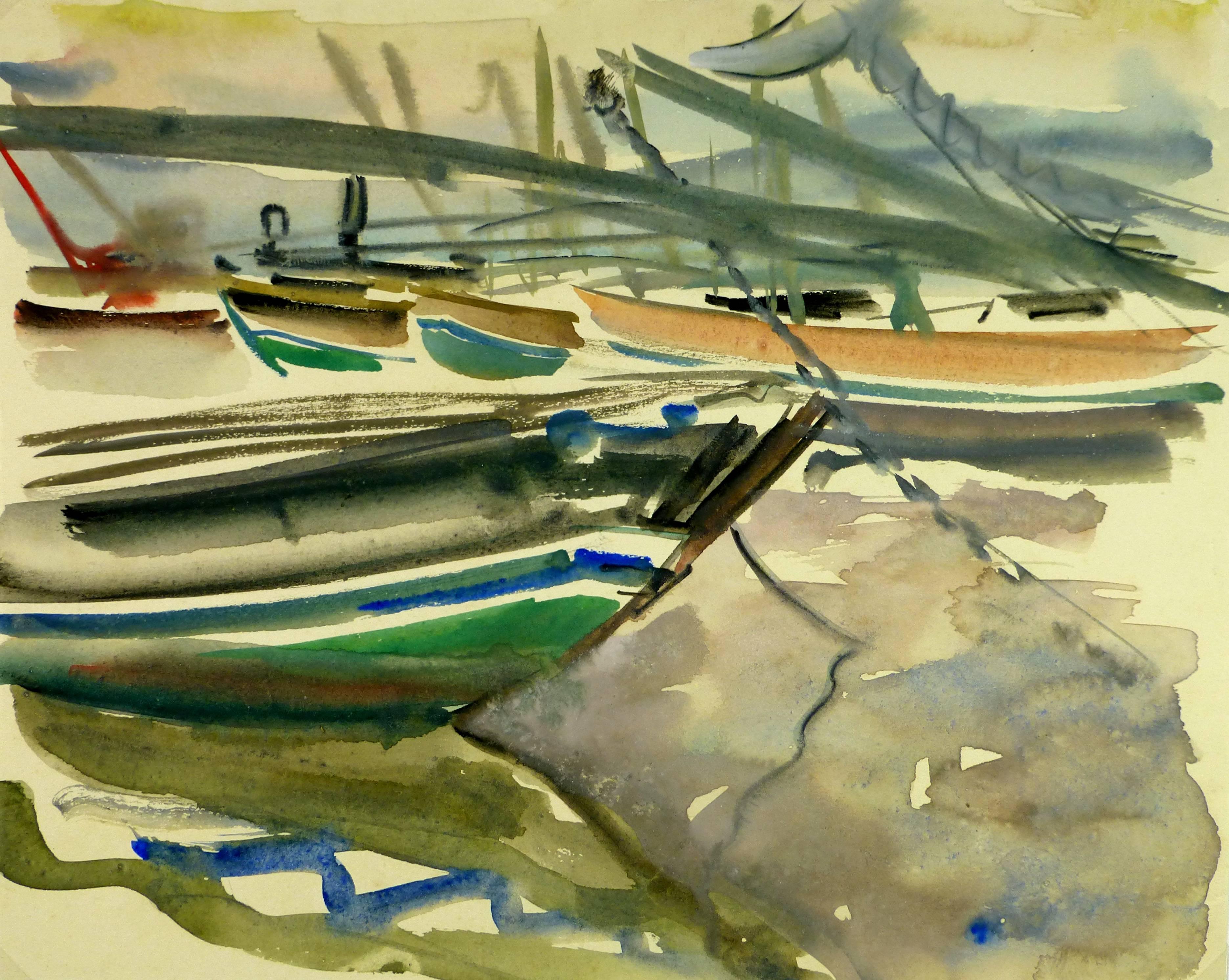 Stephane Magnard Landscape Art - Boats Watercolor
