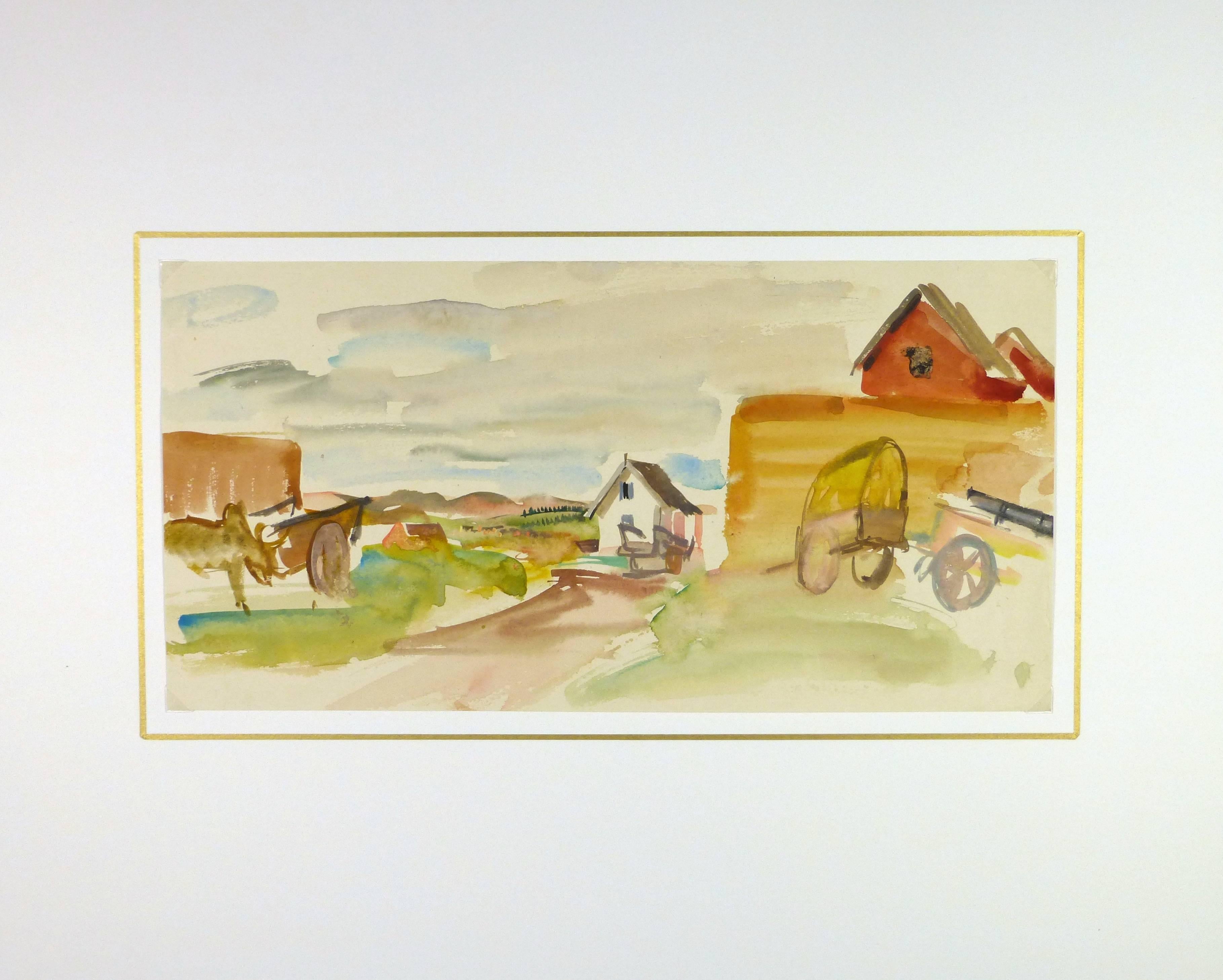 Scène de ferme malgache aquarellée par l'artiste français Stéphane Magnard, vers 1950. 

Œuvre originale sur papier présentée sur un tapis blanc avec une bordure dorée. Pochette d'archivage en plastique et certificat d'authenticité inclus. Œuvre