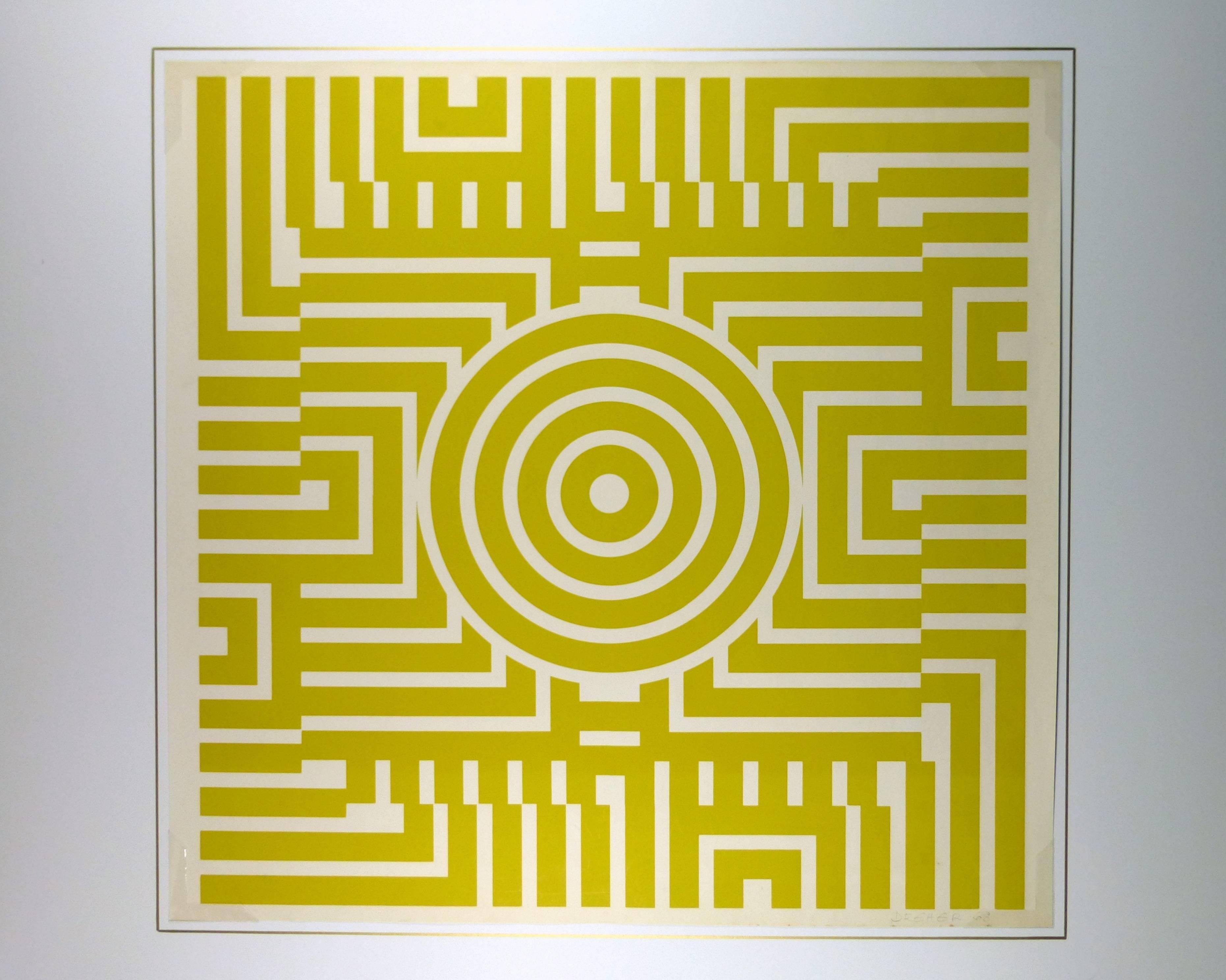 Bold yellow abstract maze serigraph by German artist Dreher, 1968. Signed lower right.  

Original artwork on paper displayed on a white mat with a gold border. Archival plastic sleeve and Certificate of Authenticity included. Artwork, 28.5"L x