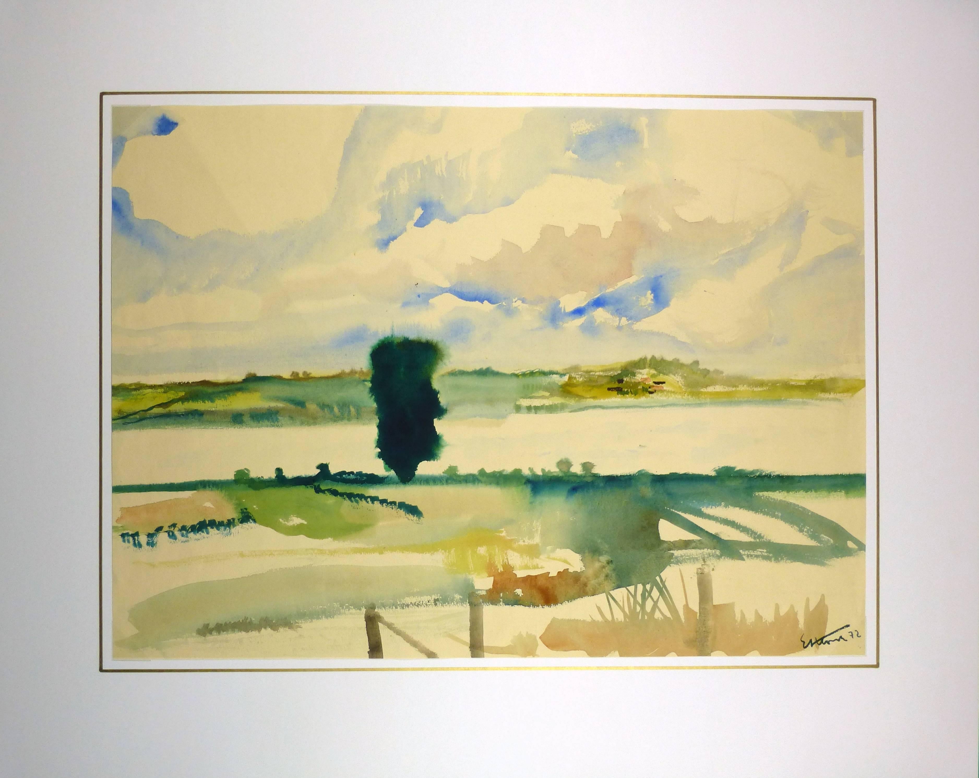 Peaceful watercolor of French pasture scene, 1972. Signed lower right.  

Original artwork on paper displayed on a white mat with a gold border. Archival plastic sleeve and Certificate of Authenticity included. Artwork, 16.5
