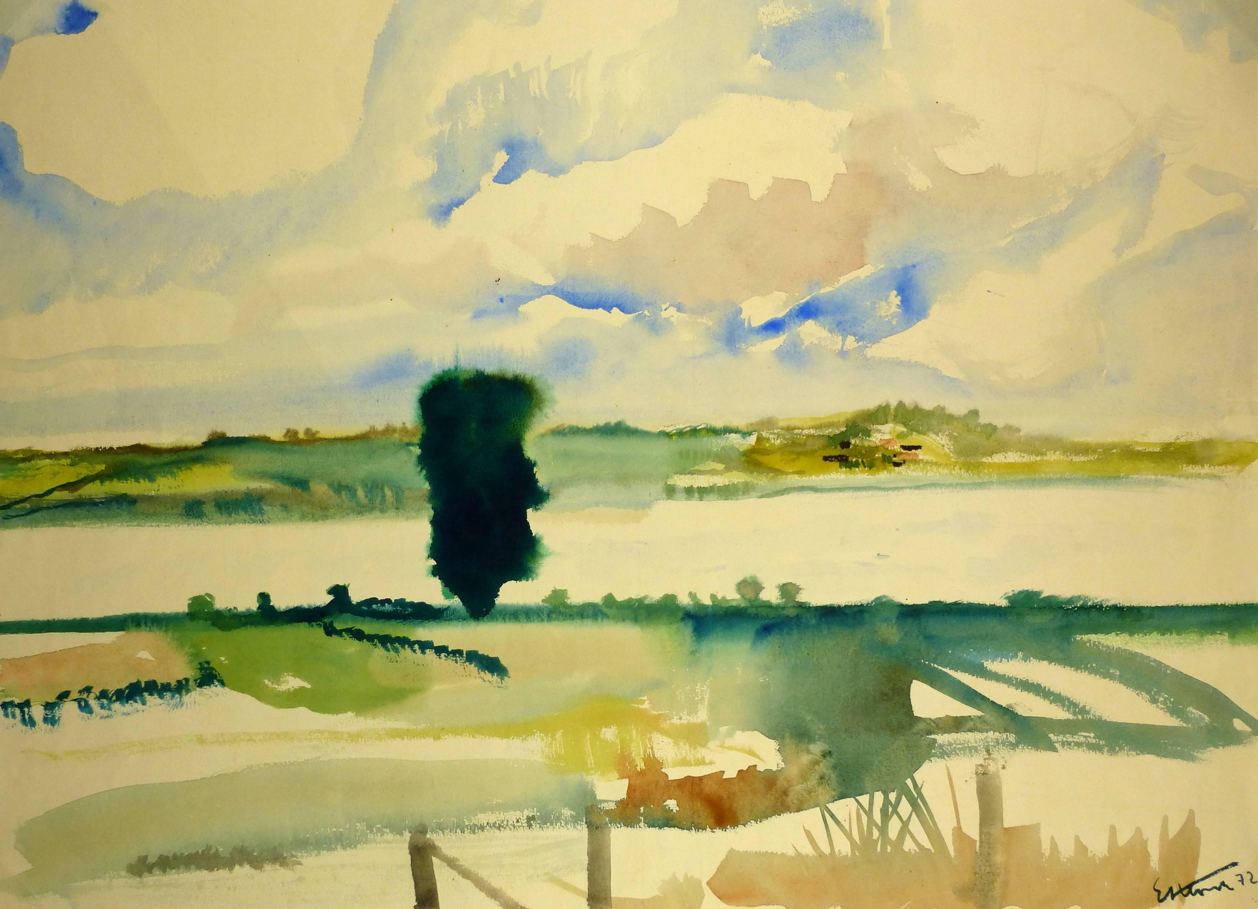 Unknown Landscape Painting - Serene Pasture in Watercolor