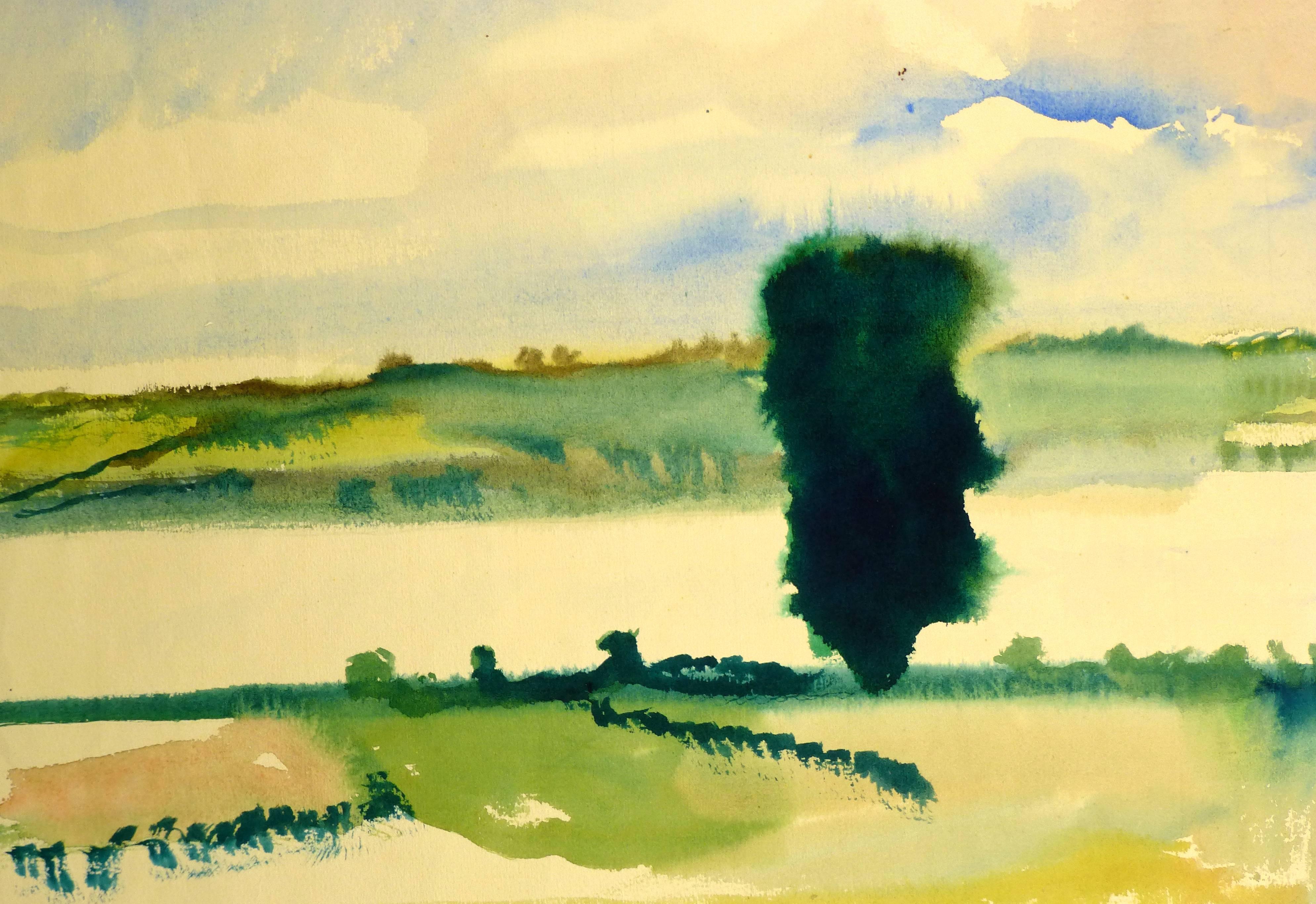 Serene Pasture in Watercolor - Beige Landscape Painting by Unknown