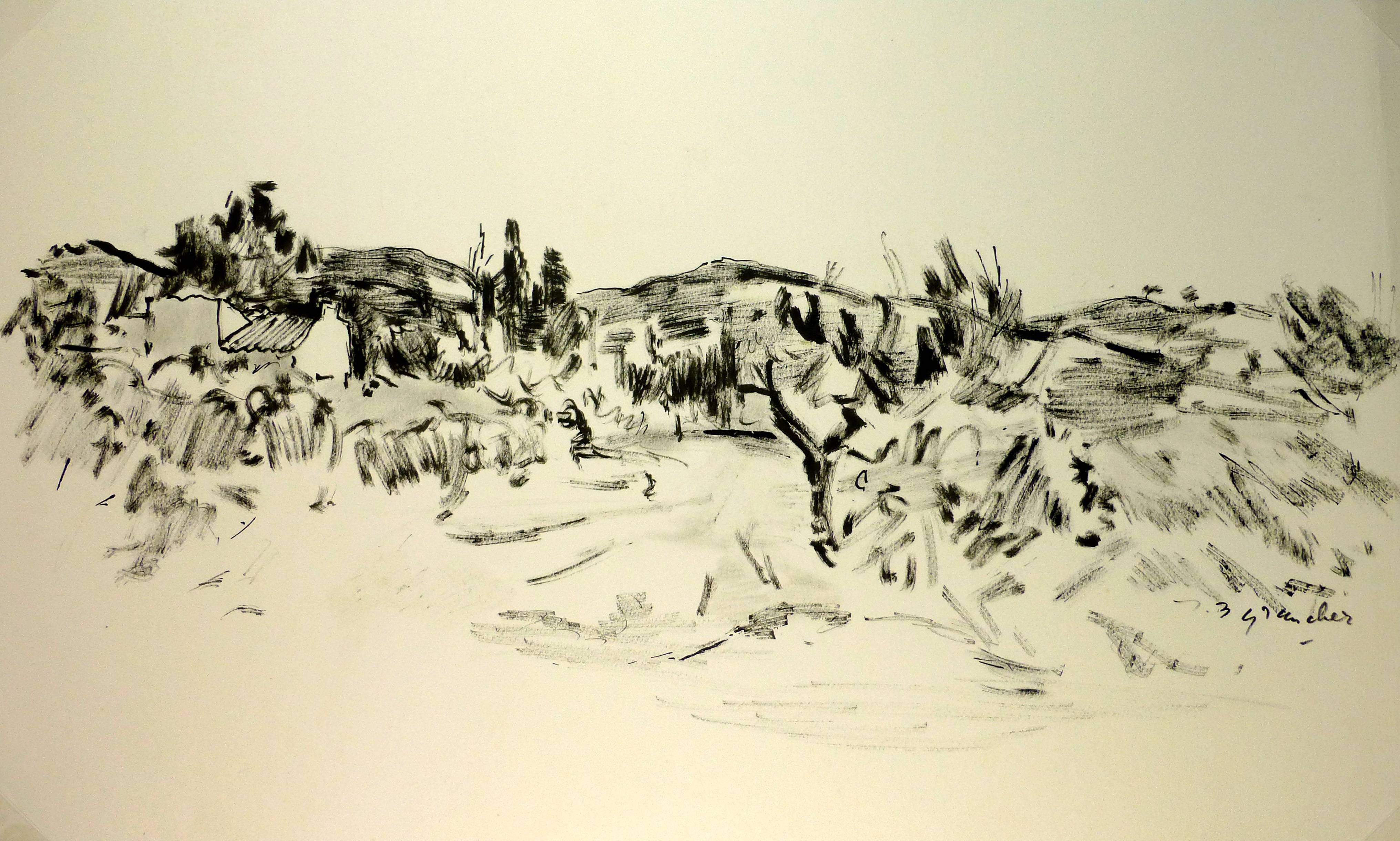 Jean-Baptiste Grancher Landscape Art - Provençal Scene in Ink