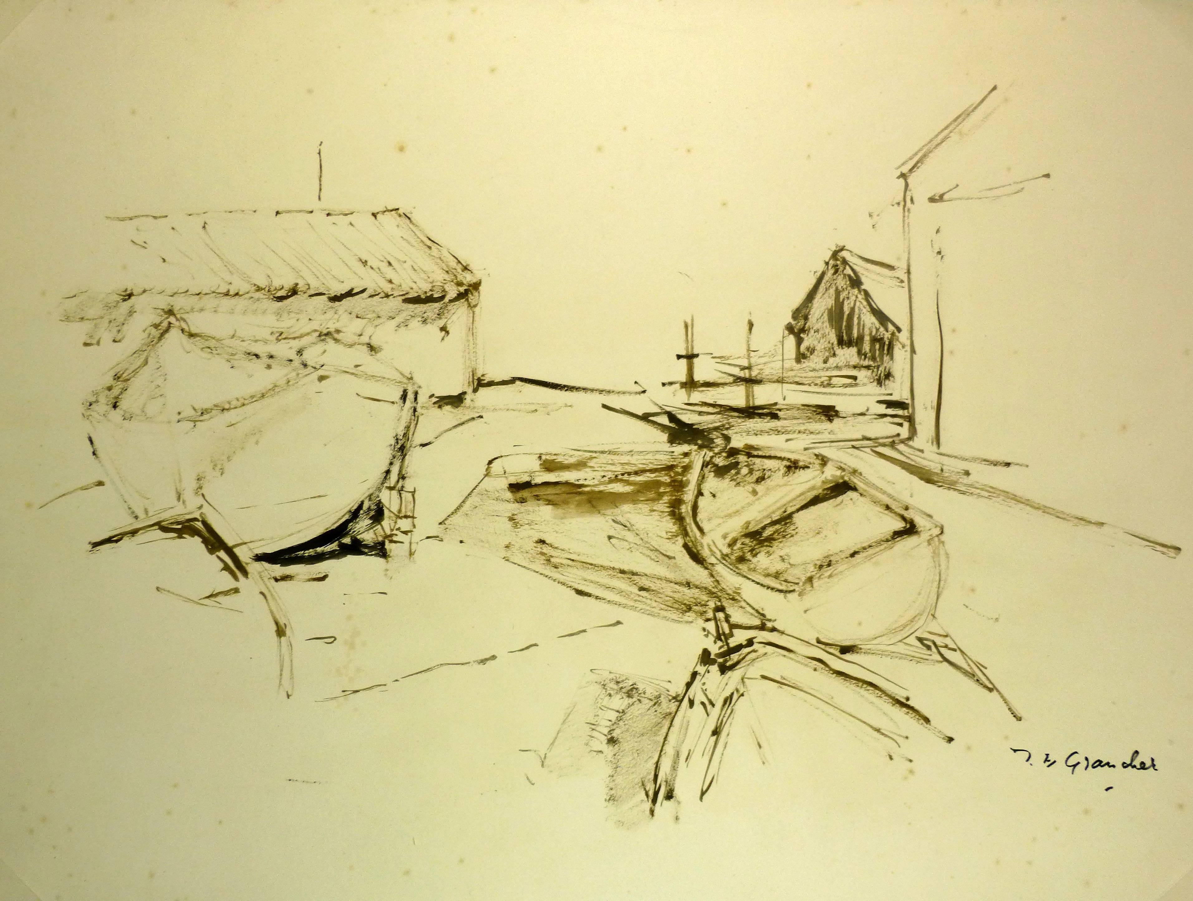 Jean-Baptiste Grancher Landscape Art - Boats at Dock