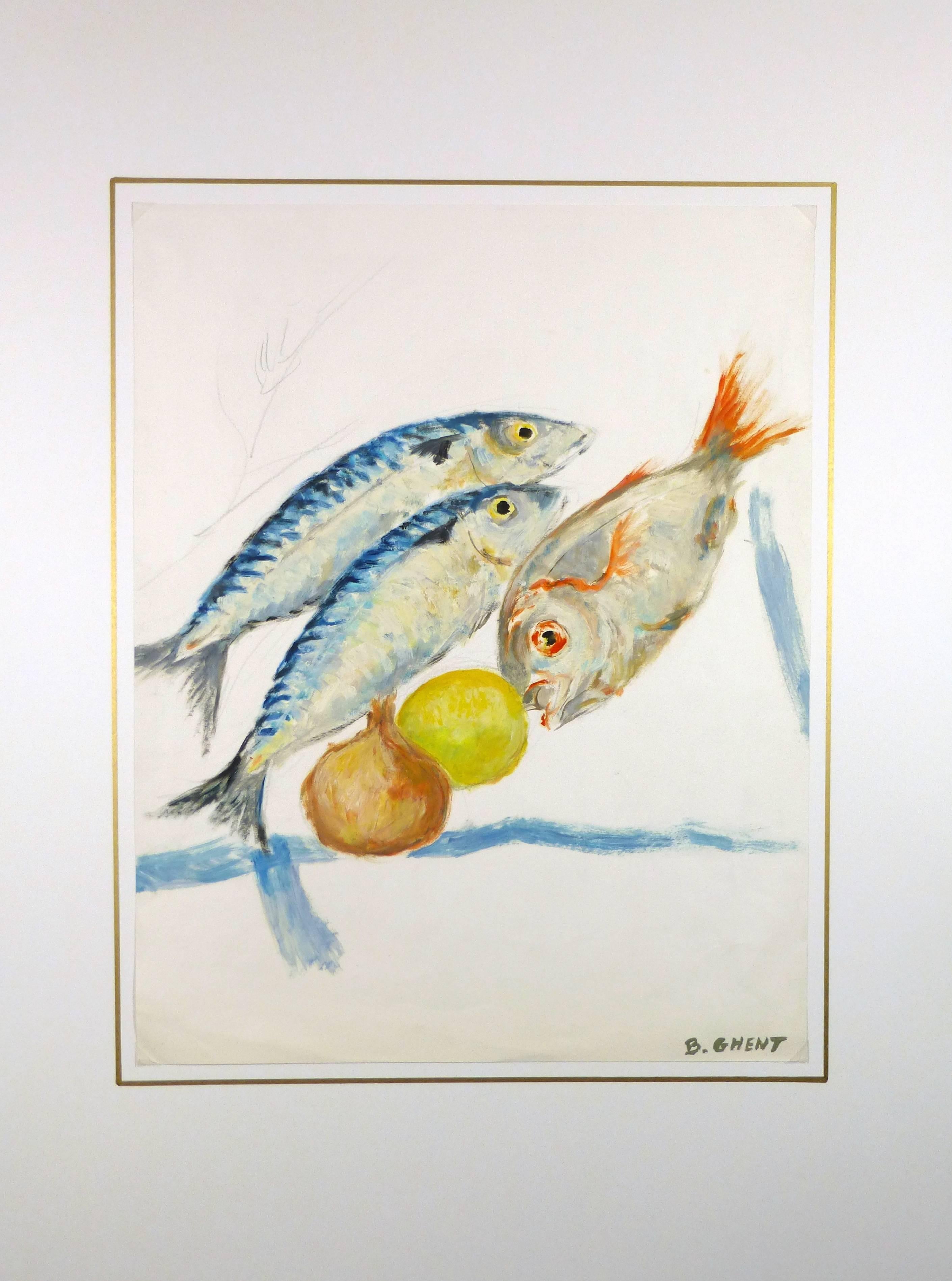 Belgian oil painting on paper of trio of fish, two in blueish silver tones and one with orange gold tones with raw onion and lemon, 1990s. Signed lower right.  

Original artwork on paper displayed on a white mat with a gold border. Archival plastic