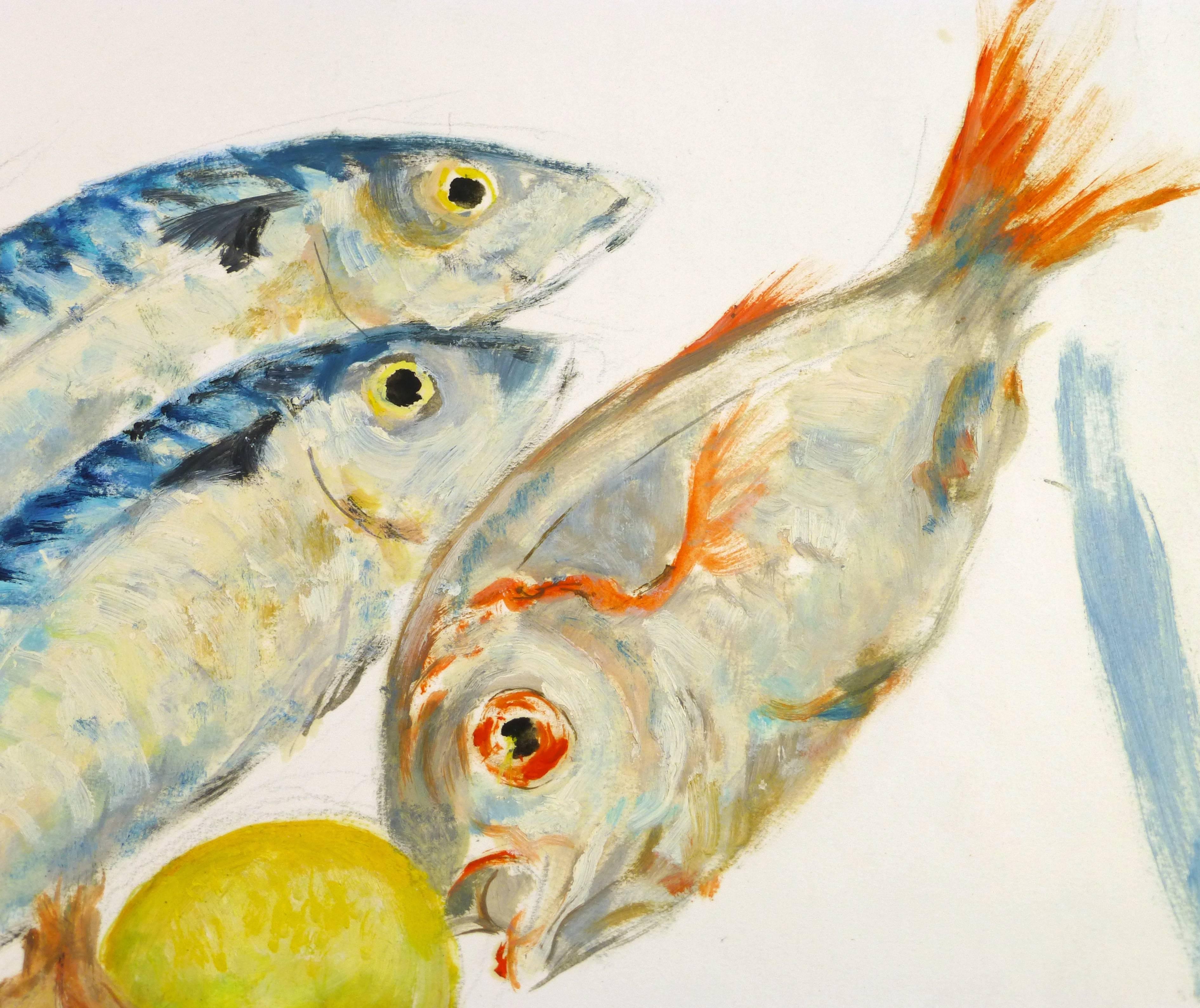 Trio of Fish - Gray Still-Life Painting by Unknown
