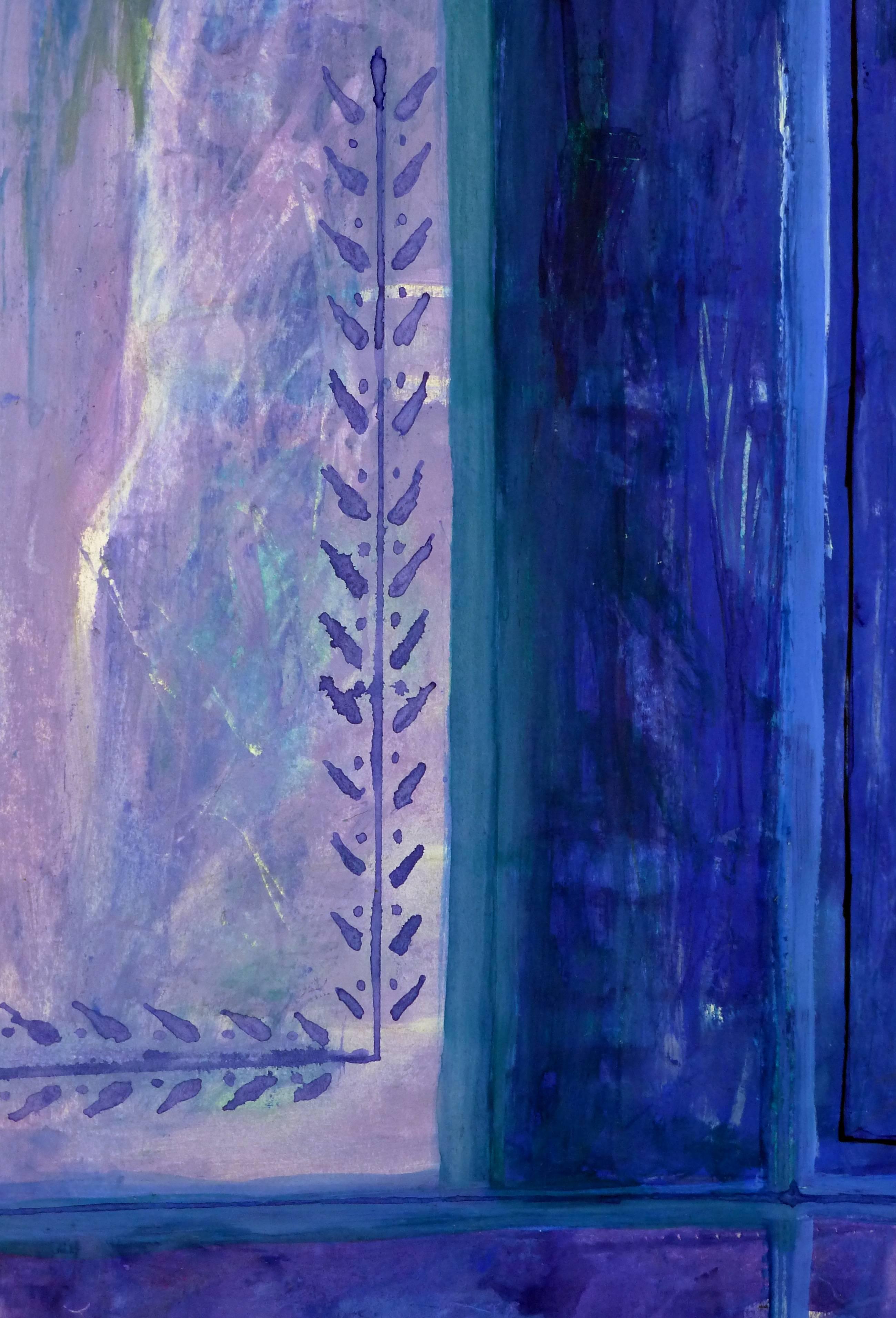 Delightful mid-century painting of purple room with window and vase by French artist Isabelle Troquet, 1965. Signed lower right.  

Original artwork on paper displayed on a white mat with a gold border. Archival plastic sleeve and Certificate of