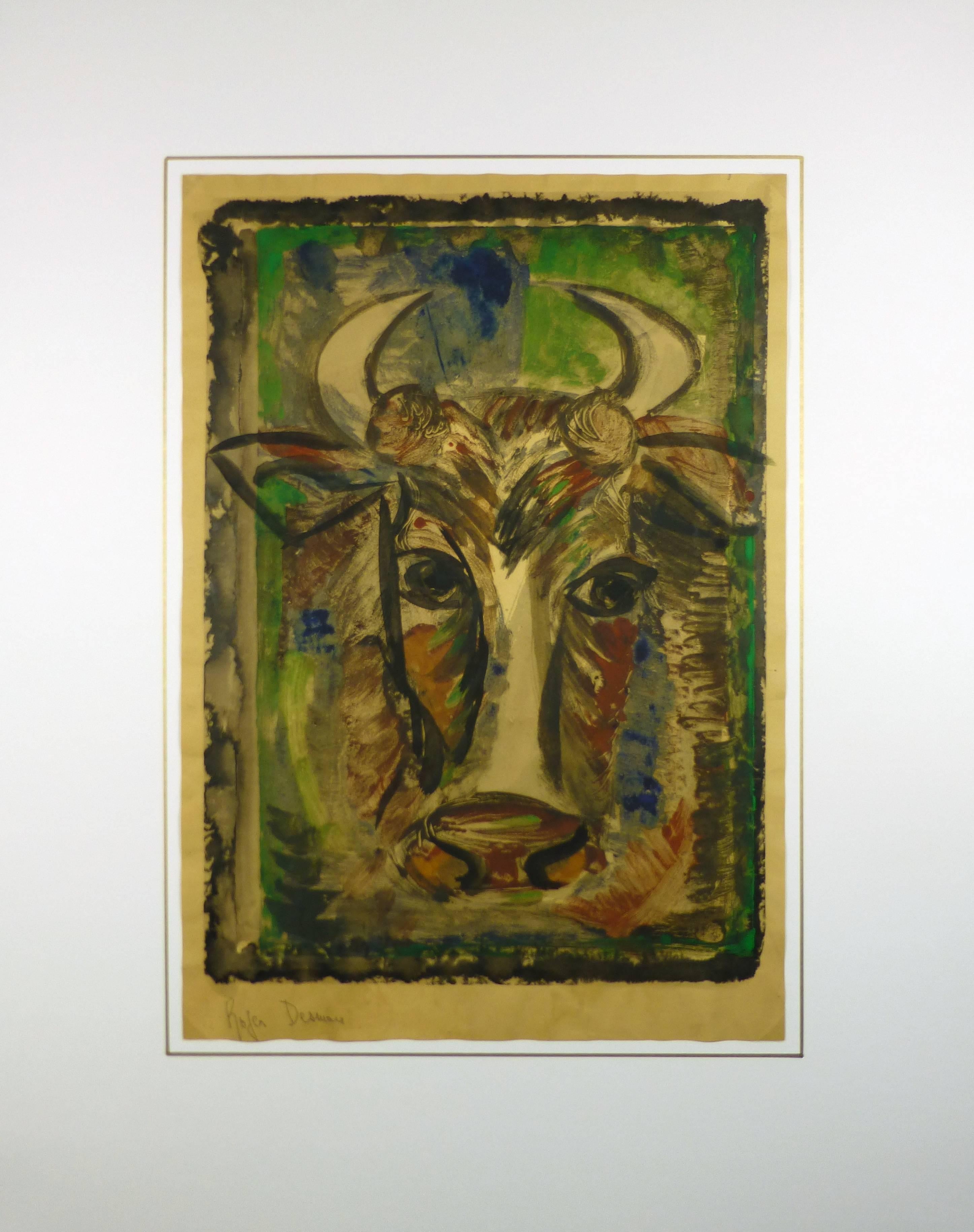 Quadro a guazzo di metà secolo raffigurante un manzo dalle lunghe corna nei toni caldi del marrone e del verde, opera dell'artista francese Roger Desmare, 1952. Firmato in basso a sinistra.  

Opera d'arte originale su carta esposta su un tappetino