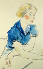 Donna in blu al cavalletto