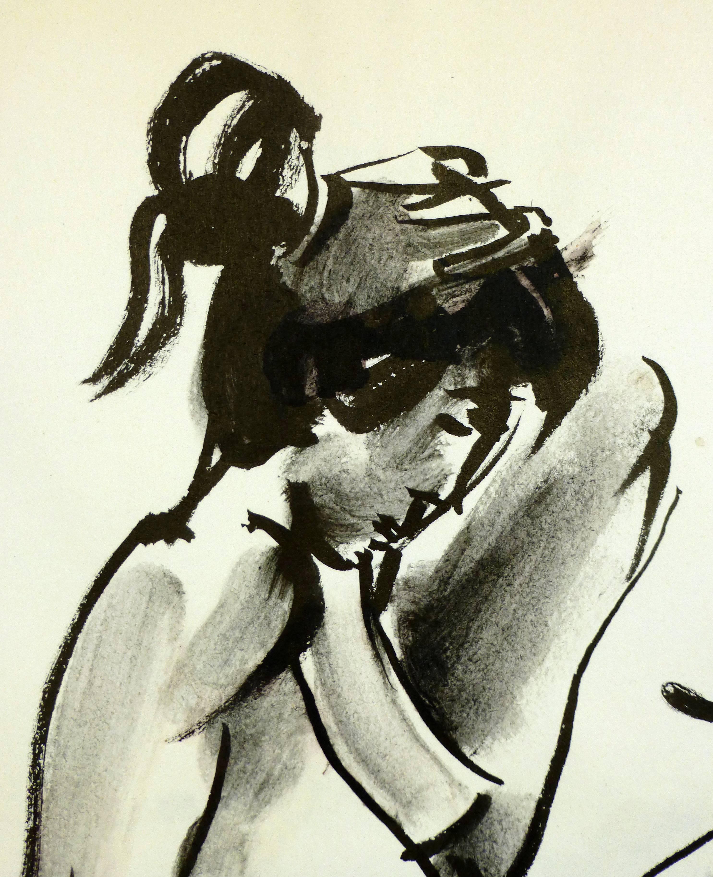 Modern French ink wash of nude female reclining back on one hand, circa 1990. 

Original artwork on paper displayed on a white mat with a gold border. Mat fits a standard-sized frame. Archival plastic sleeve and Certificate of Authenticity included.
