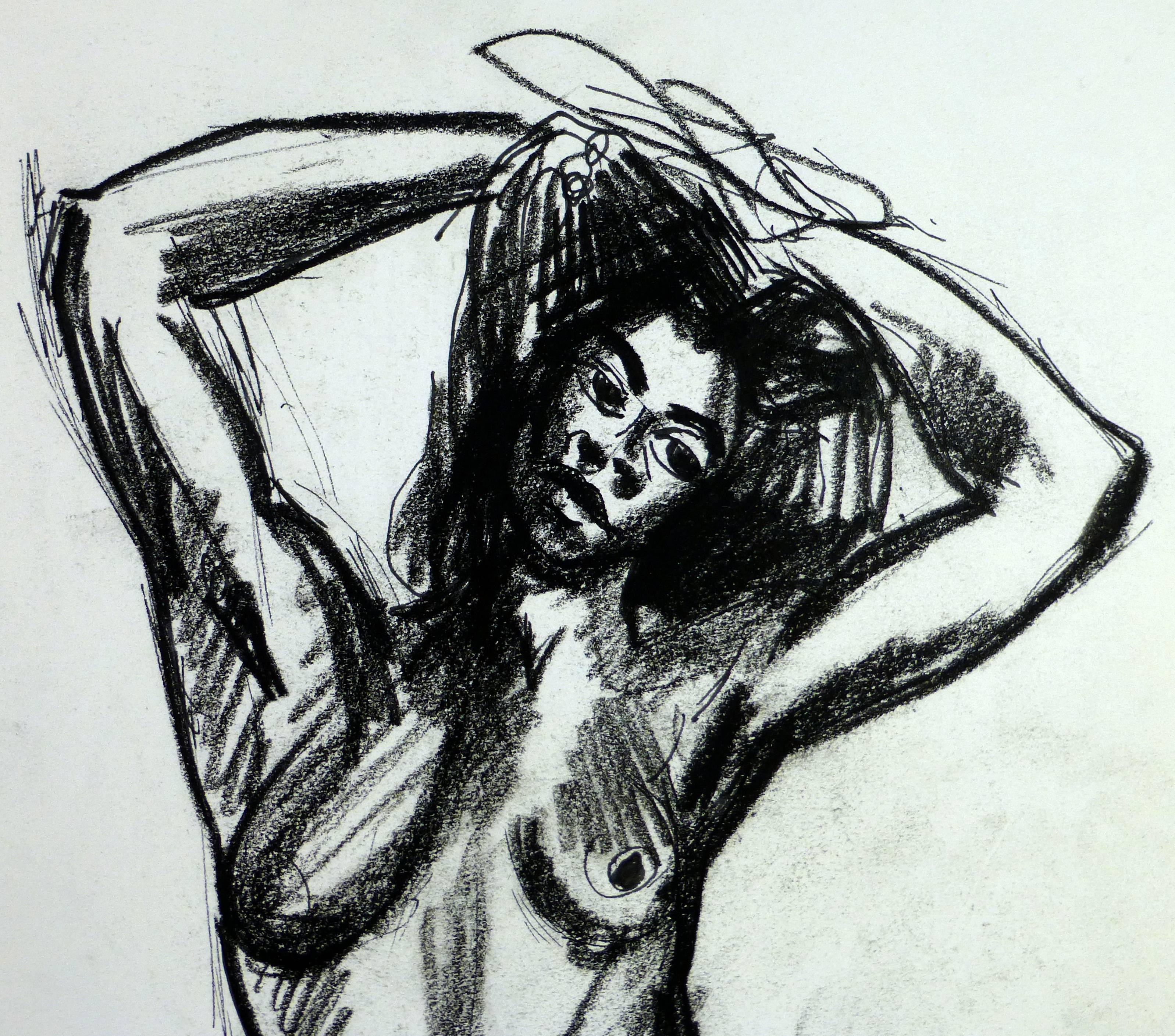 Charcoal sketch of nude female with hands behind her head, circa 1990.  

Original artwork on paper displayed on a white mat with a gold border. Archival plastic sleeve and Certificate of Authenticity included. Artwork, 13.75