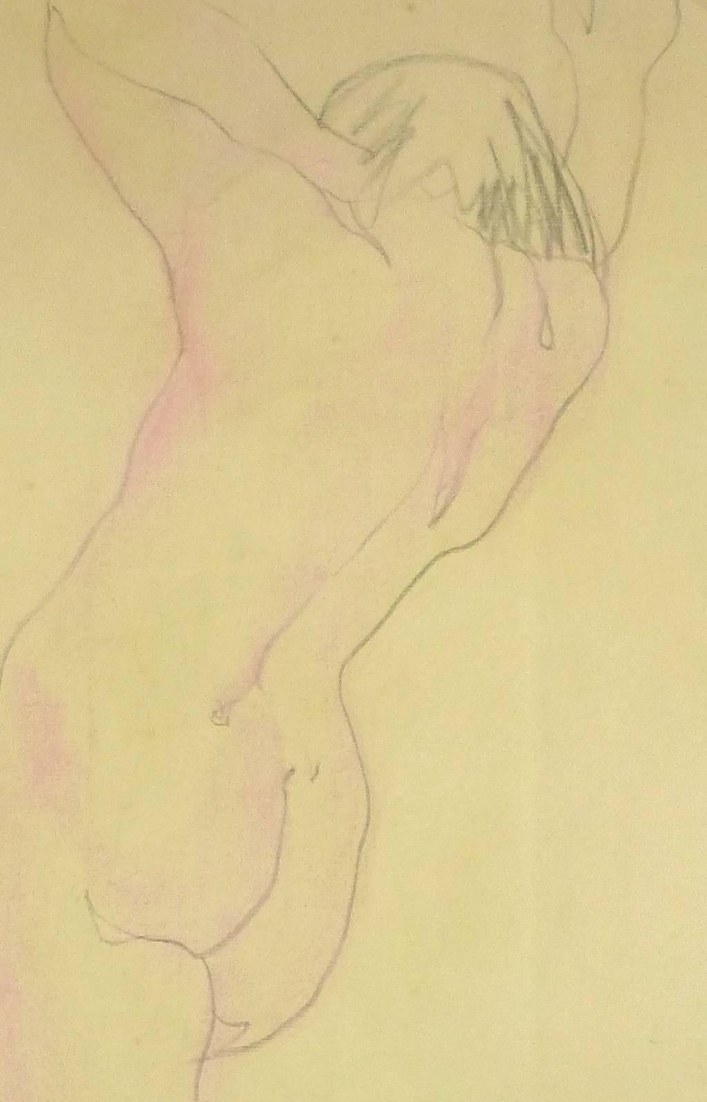 Elegant pencil and pastel nude female in pink, circa 1990.

Original artwork on paper displayed on a white mat with a gold border. Archival plastic sleeve and Certificate of Authenticity included. Artwork, 13"L x 21.75"H; mat, 24"L x