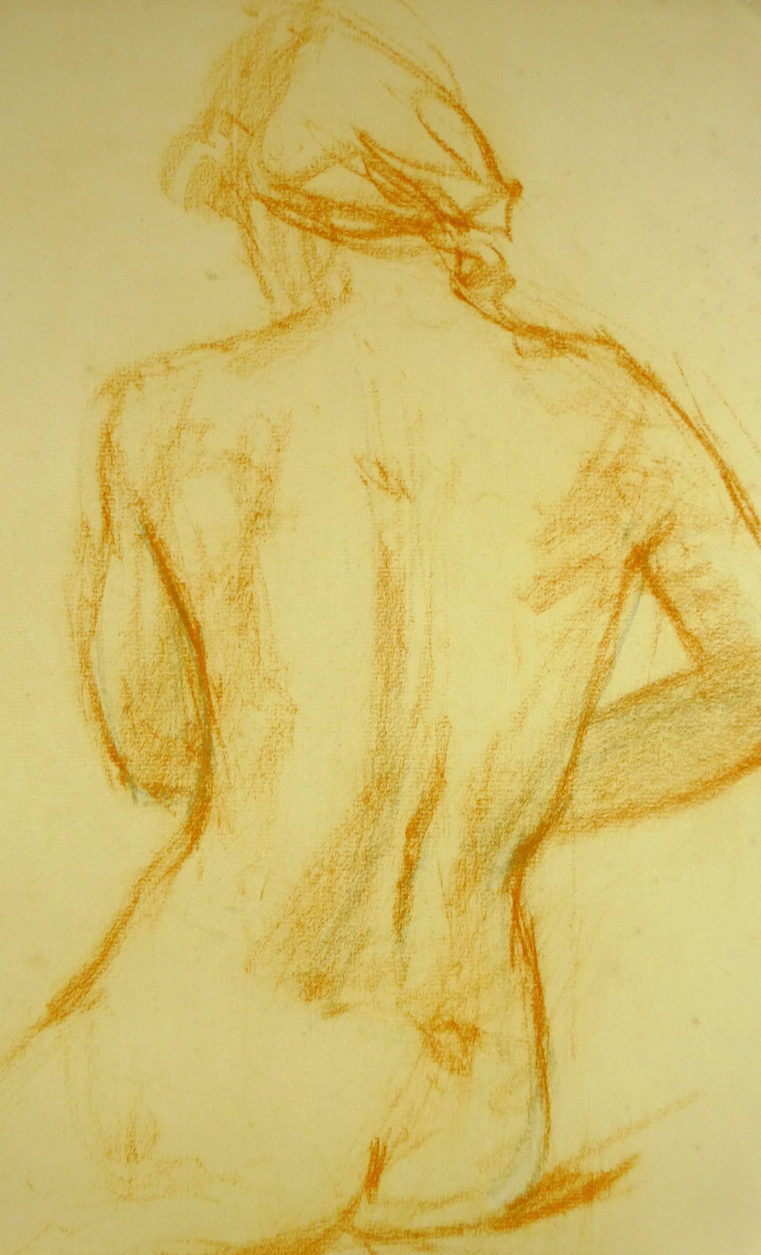 Classic pastel on paper of seated nude female in orange, circa 1990.

Original artwork on paper displayed on a white mat with a gold border. Archival plastic sleeve and Certificate of Authenticity included. Artwork, 15.75