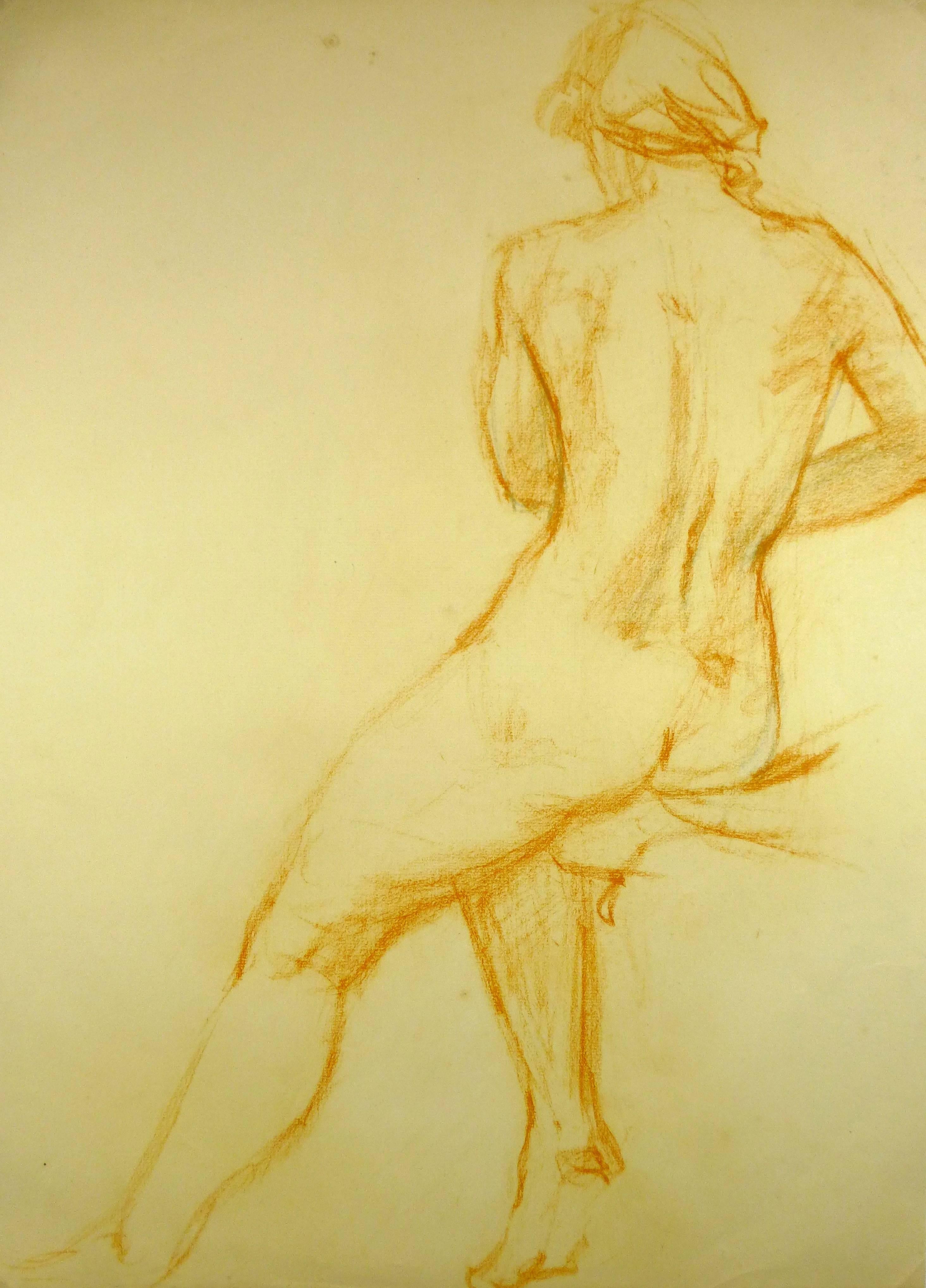 Nude von hinten in orangefarbenem Pastell – Art von Unknown