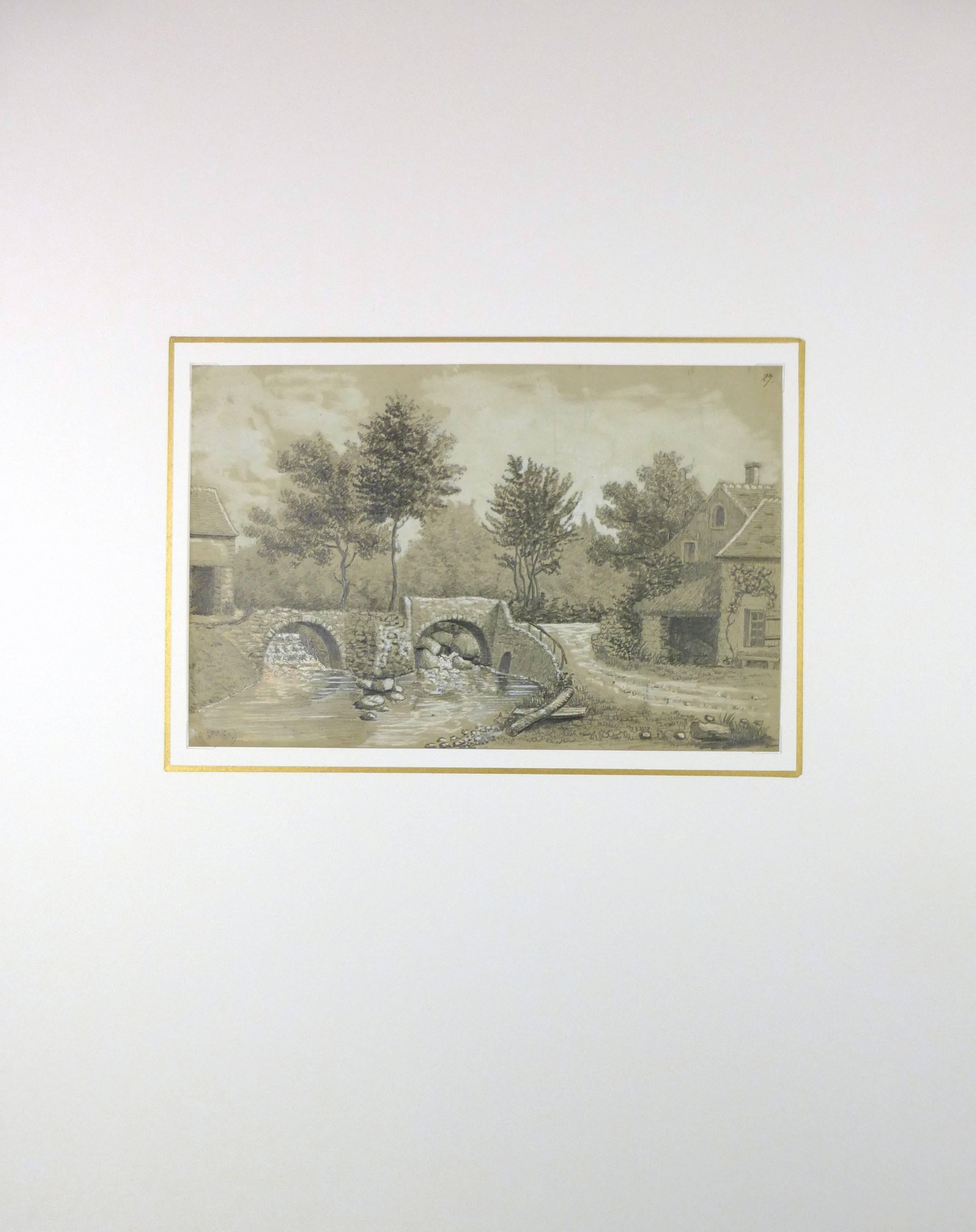 Beautifully detailed 19th century French drawing of cottages by river, titled "Pont de Poncet", 1864. Dated lower left.  

Original artwork on paper displayed on a white mat with a gold border. Archival plastic sleeve and Certificate of