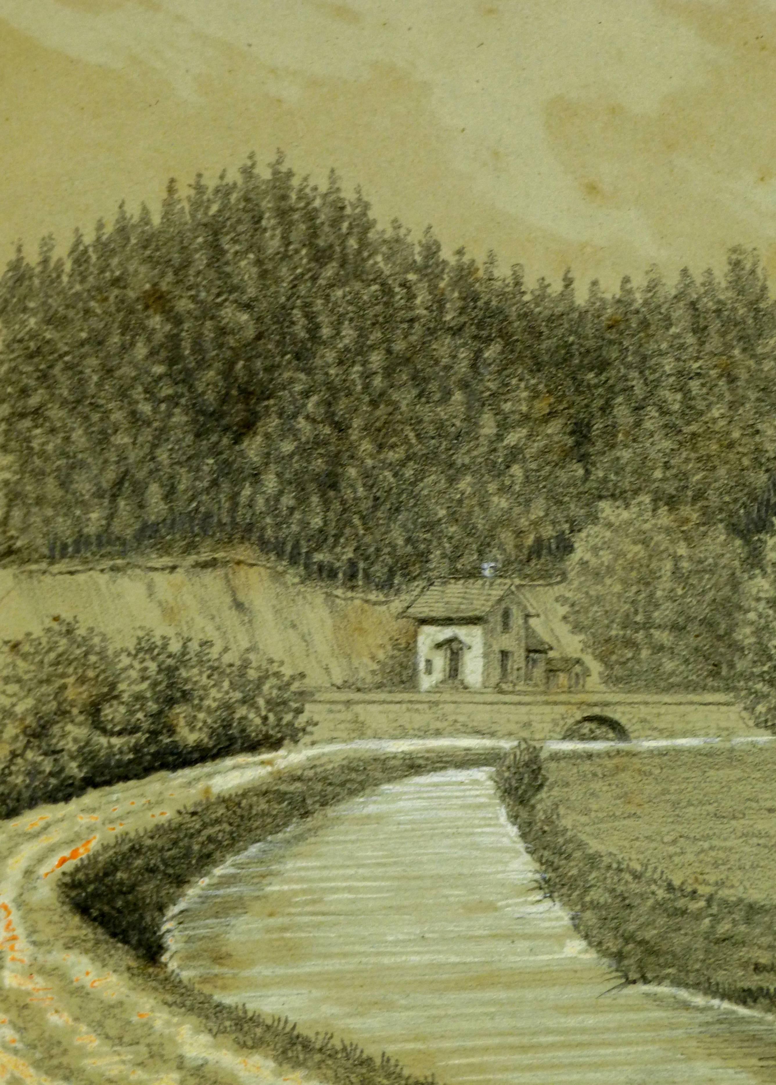 Stunning 19th century French drawing of canal outside of village, titled 