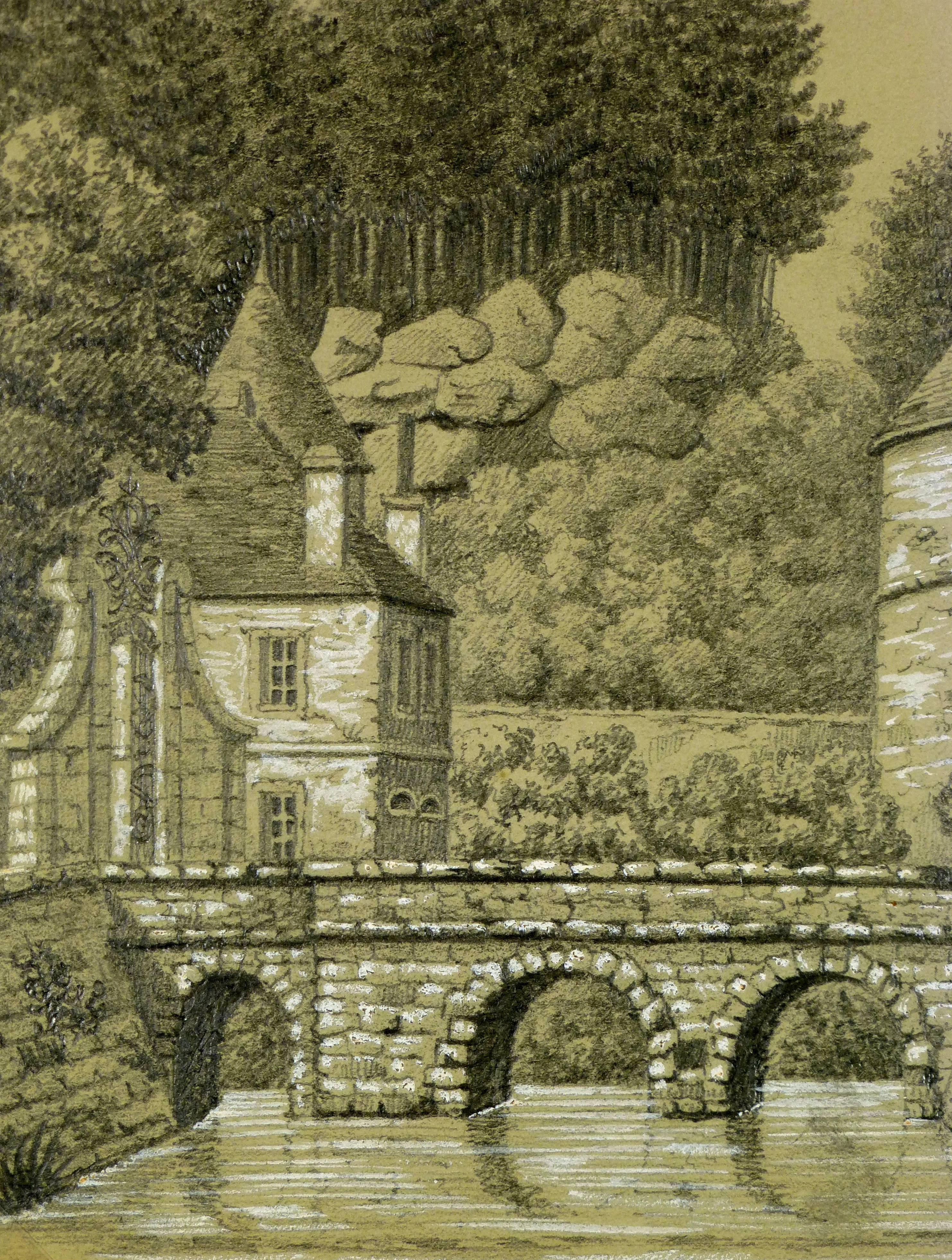 Excellent 19th century French drawing of chateau entrance with bridge, titled 